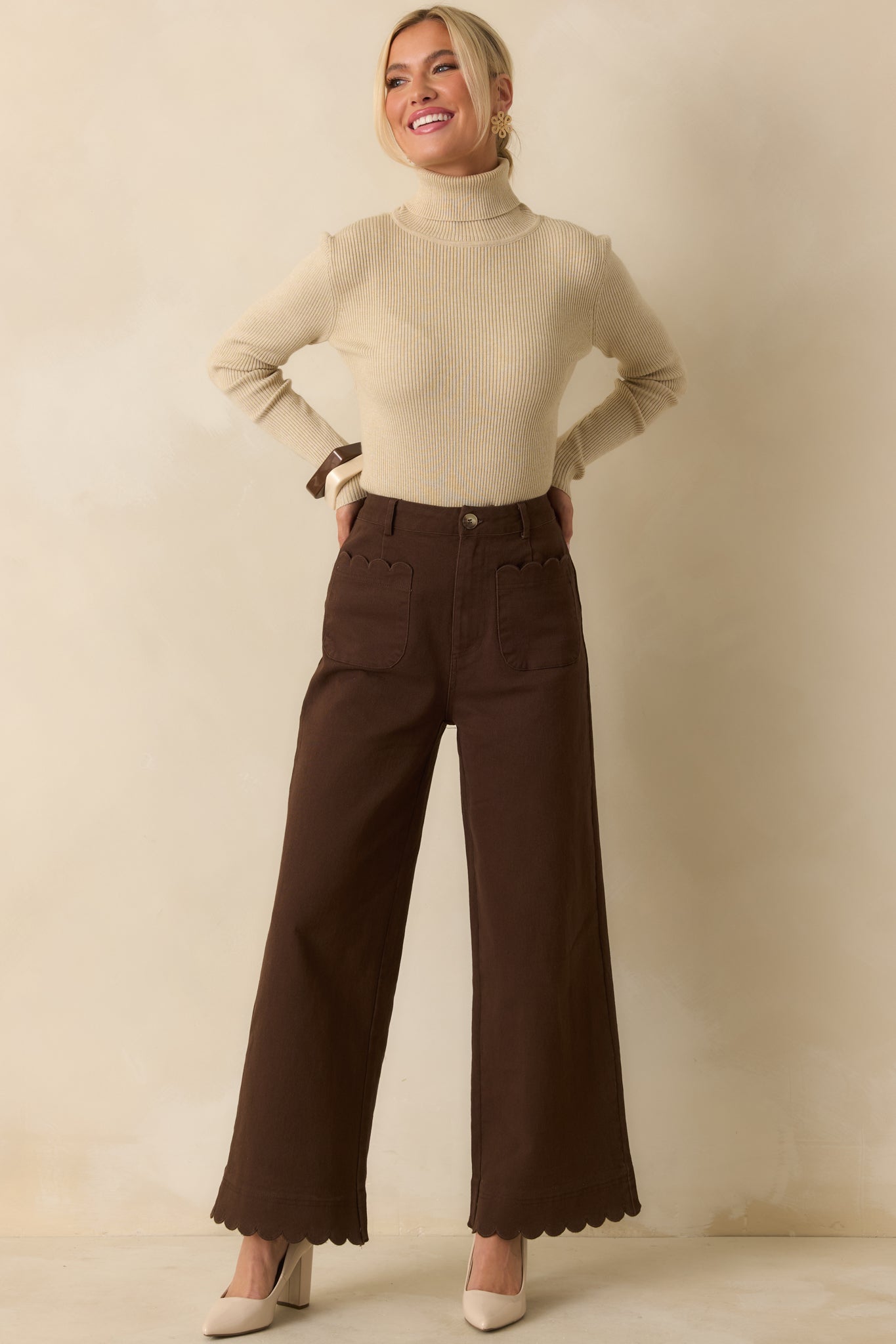 Set For The Day Brown Cotton Scalloped Wide Leg Pants