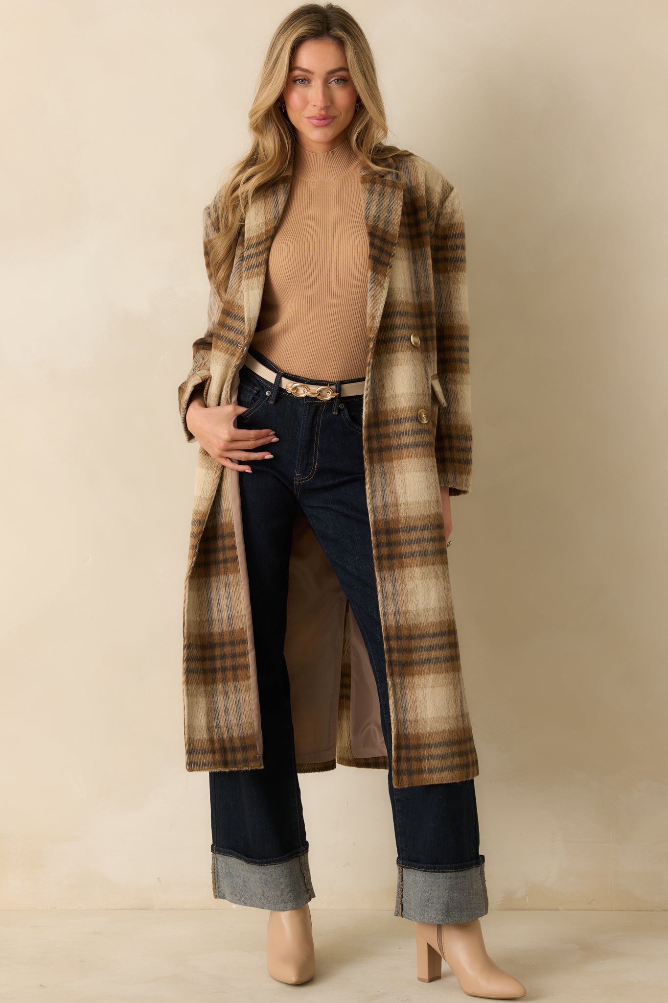 Fall in Line Brown Plaid Wool-Blend Overcoat