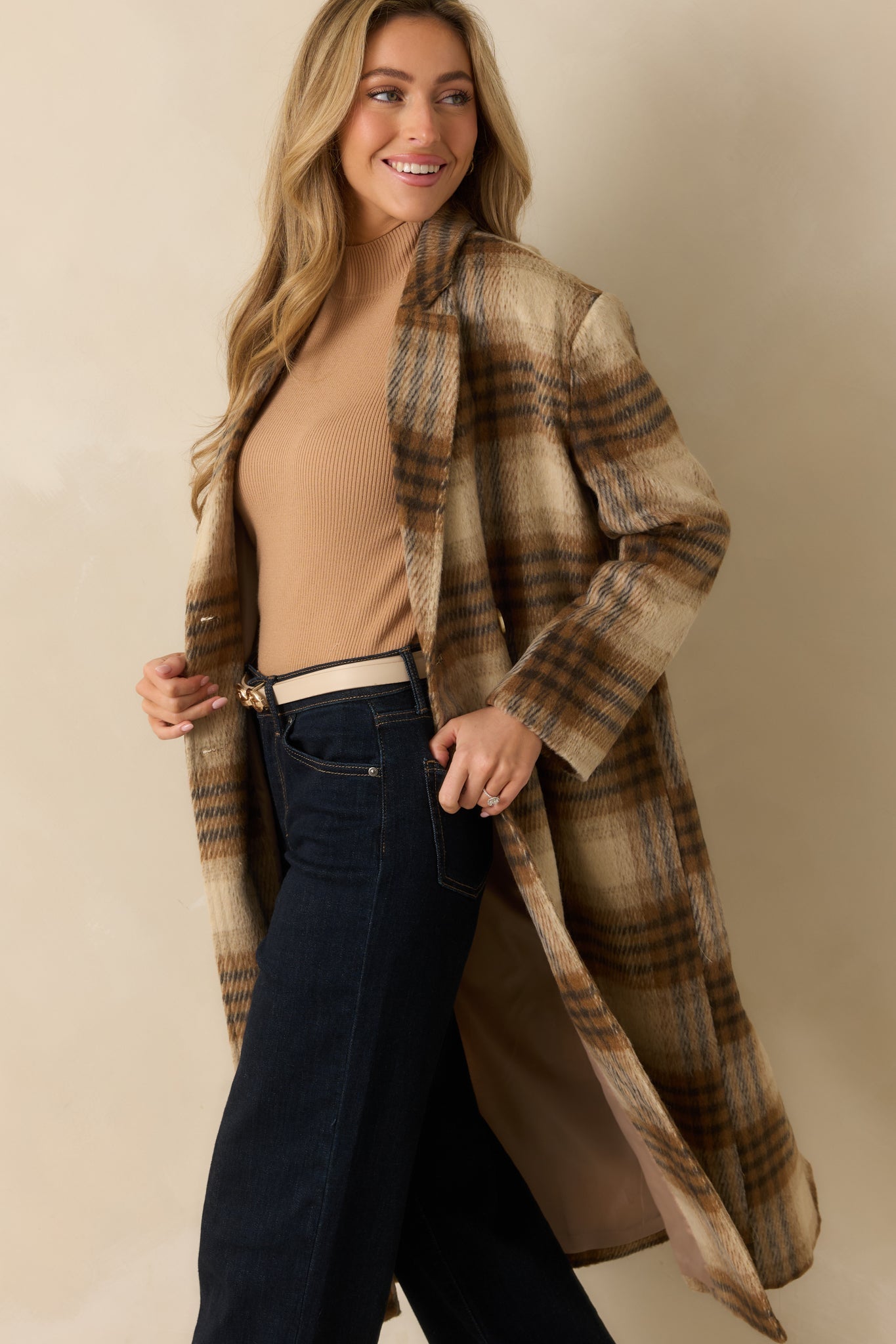 Fall in Line Brown Plaid Wool-Blend Overcoat