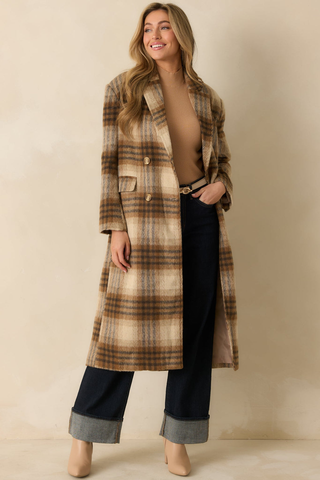 Fall in Line Brown Plaid Wool-Blend Overcoat