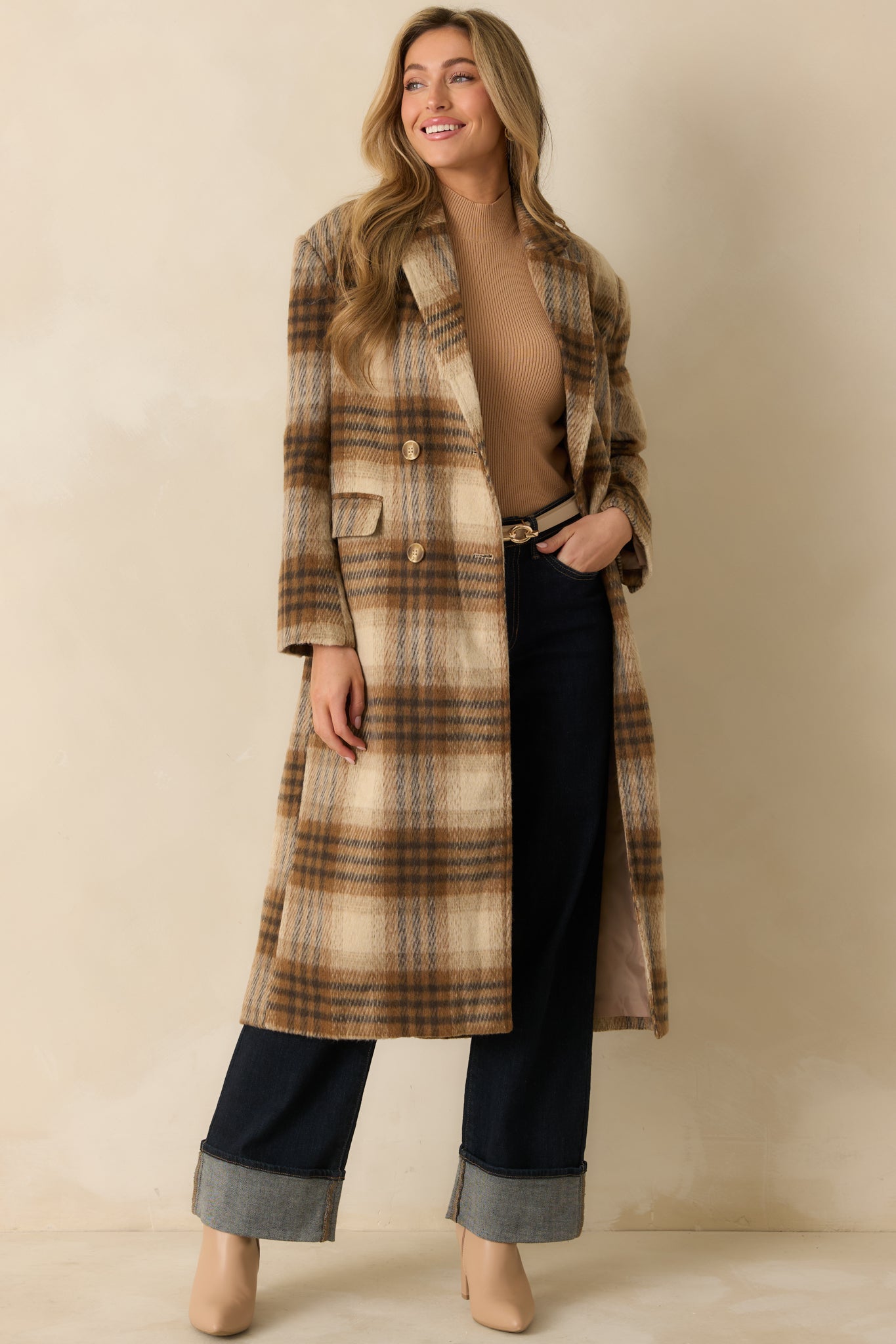 Fall in Line Brown Plaid Wool-Blend Overcoat