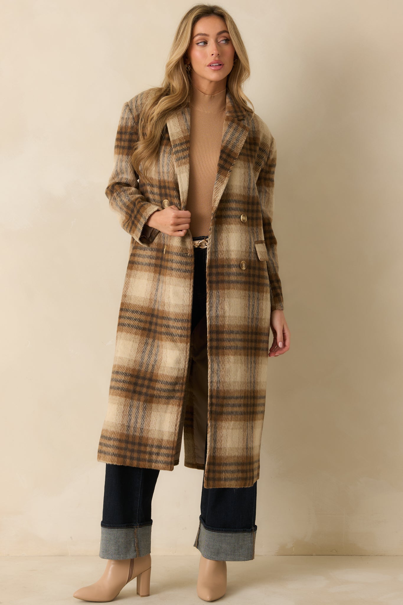 Fall in Line Brown Plaid Wool-Blend Overcoat