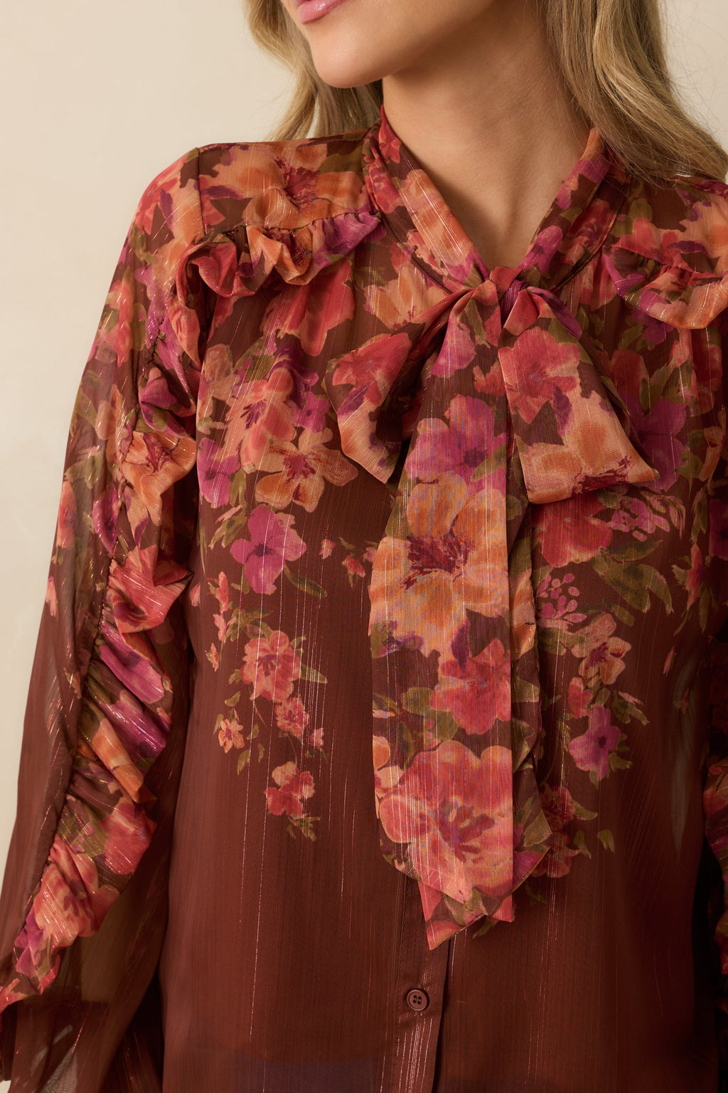 Forever Falling Brown Multi Floral Print Bow Blouse