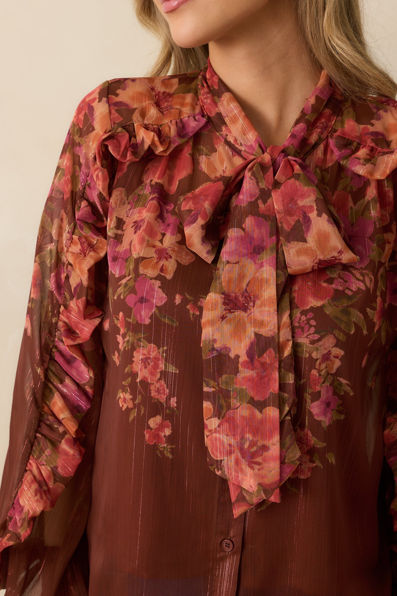 Forever Falling Brown Multi Floral Print Bow Blouse
