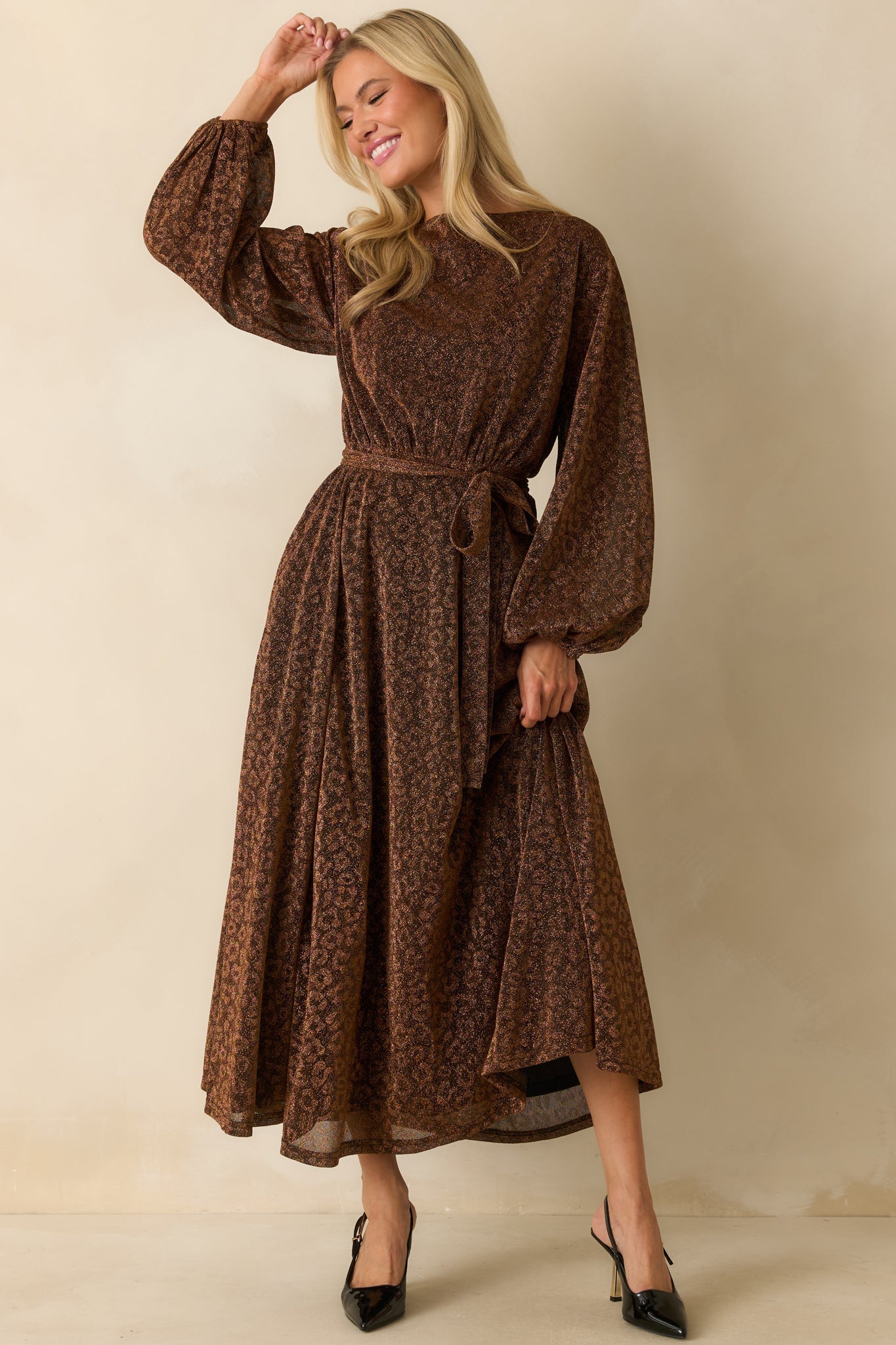Subtle Spark Brown Leopard Print Shimmer Long Sleeve Maxi Dress