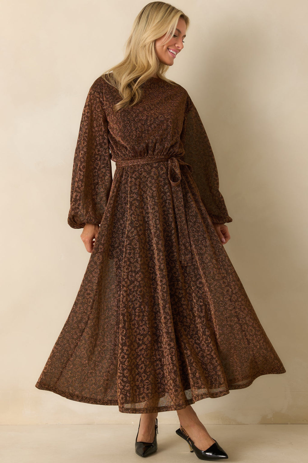 Subtle Spark Brown Leopard Print Shimmer Long Sleeve Maxi Dress