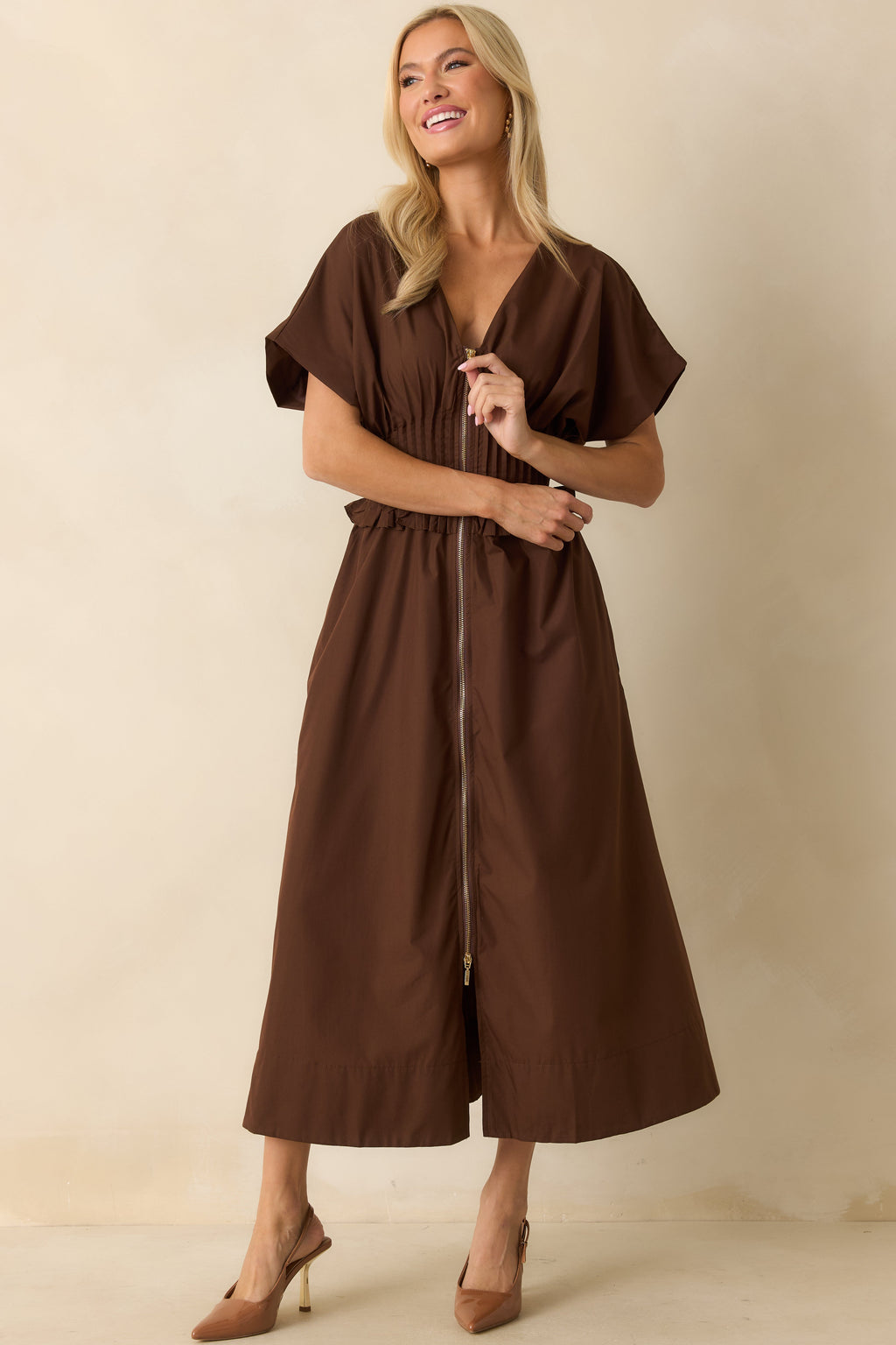 Let It Be Easy Brown Smocked Waist Zip Maxi Dress