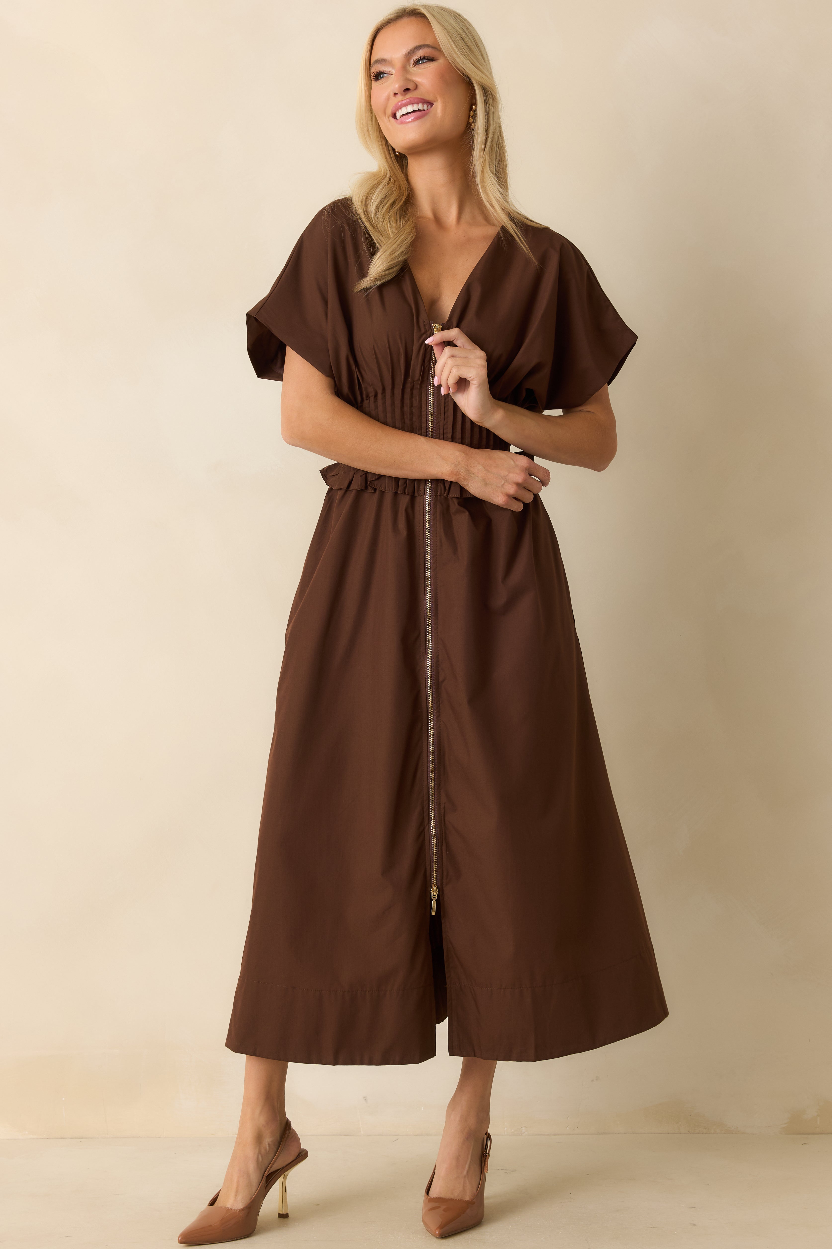 Let It Be Easy Brown Smocked Waist Zip Maxi Dress