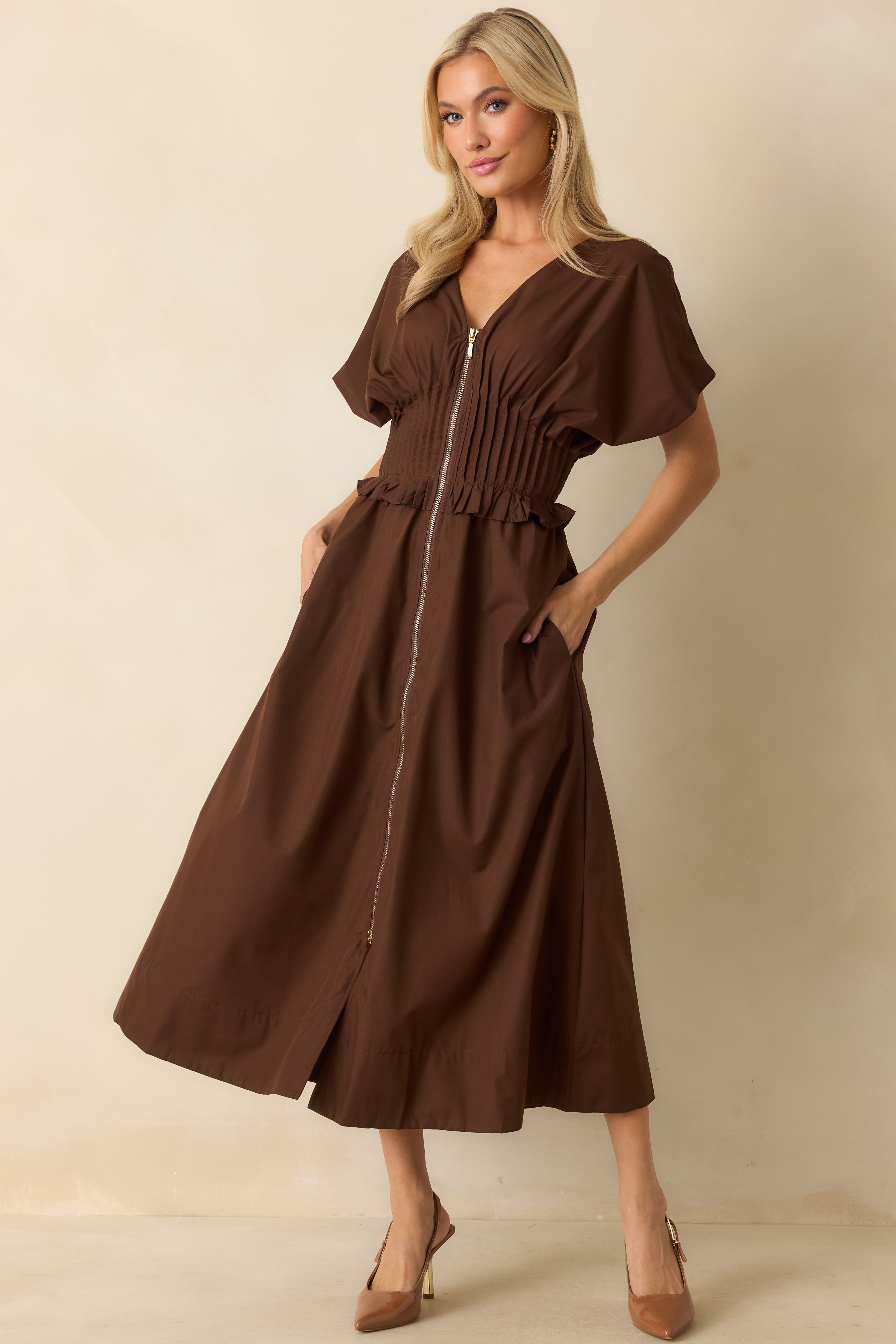 Let It Be Easy Brown Smocked Waist Zip Maxi Dress