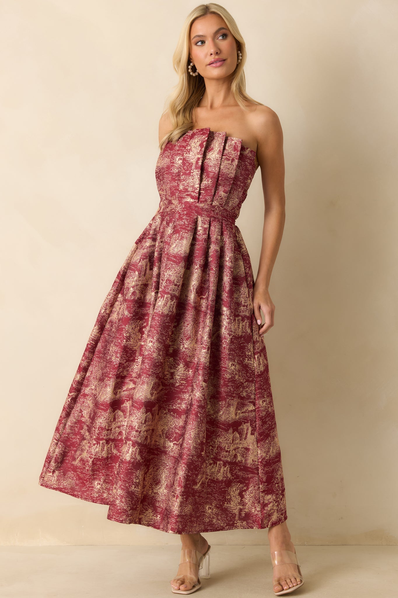 The Genevieve Burgundy Storybook Toile Jacquard Strapless Midi Dress