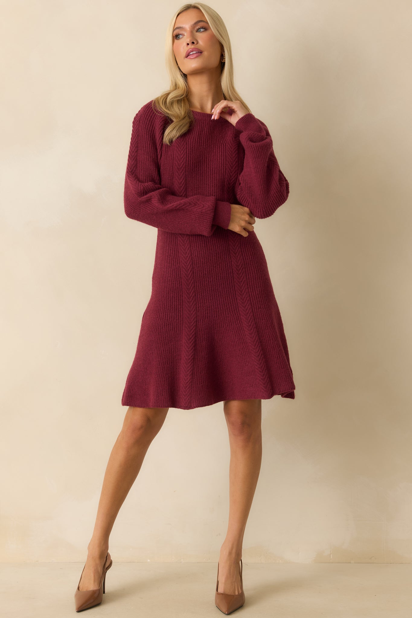 No Better Time Burgundy Ribbed Knit Sweater Mini Dress