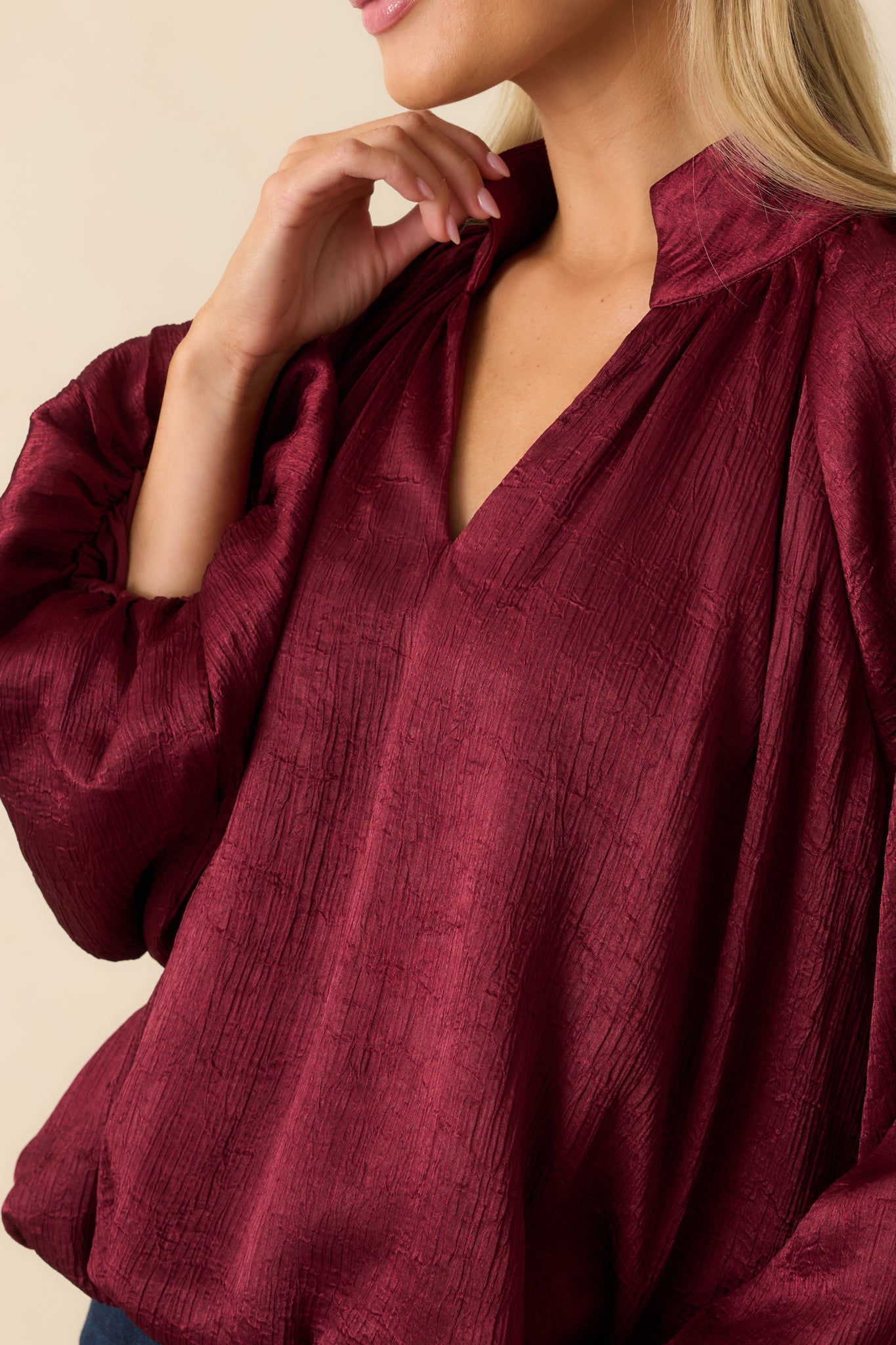 Promise Me This Burgundy Satin V-Neck Peasant Sleeve Top