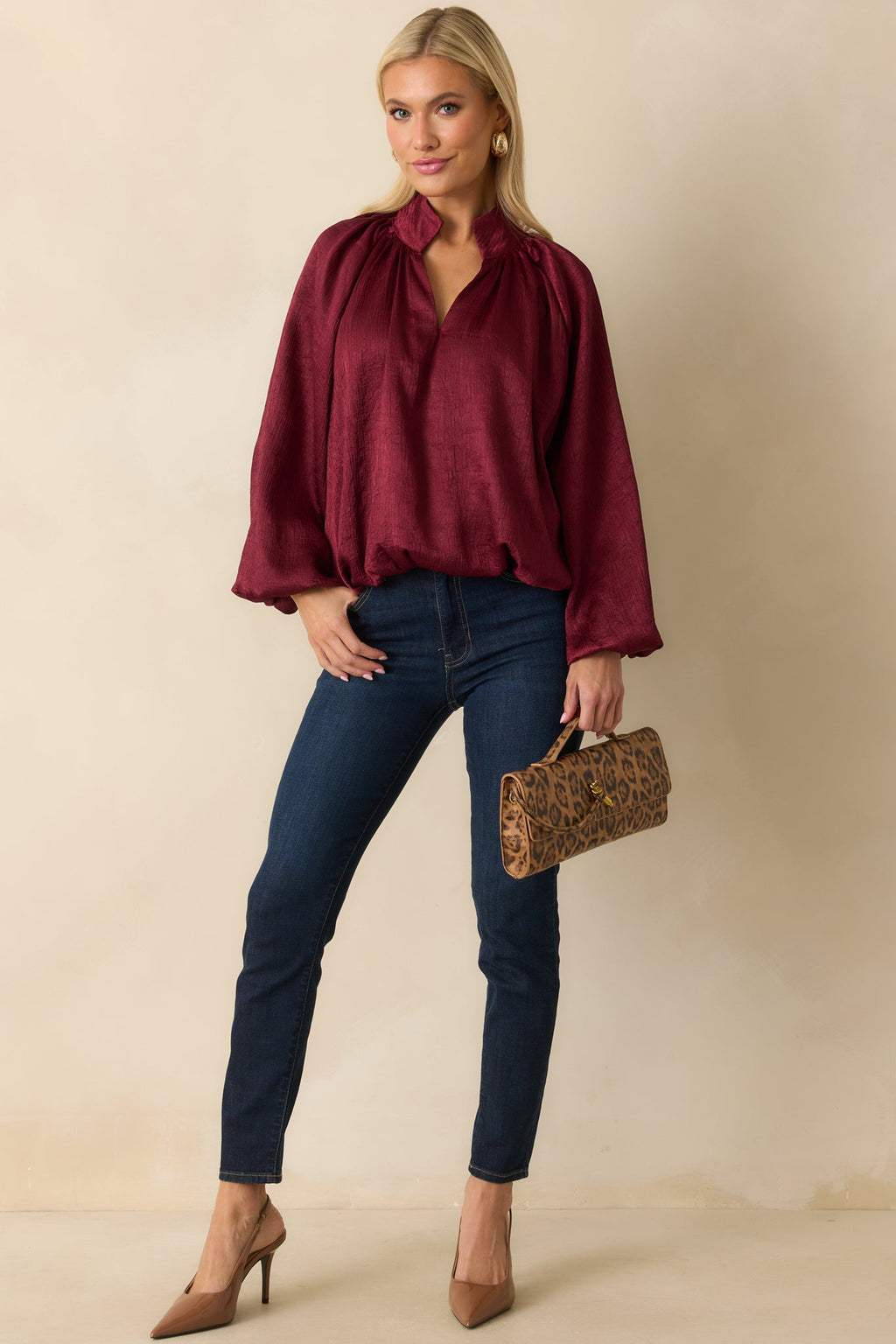 Promise Me This Burgundy Satin V-Neck Peasant Sleeve Top