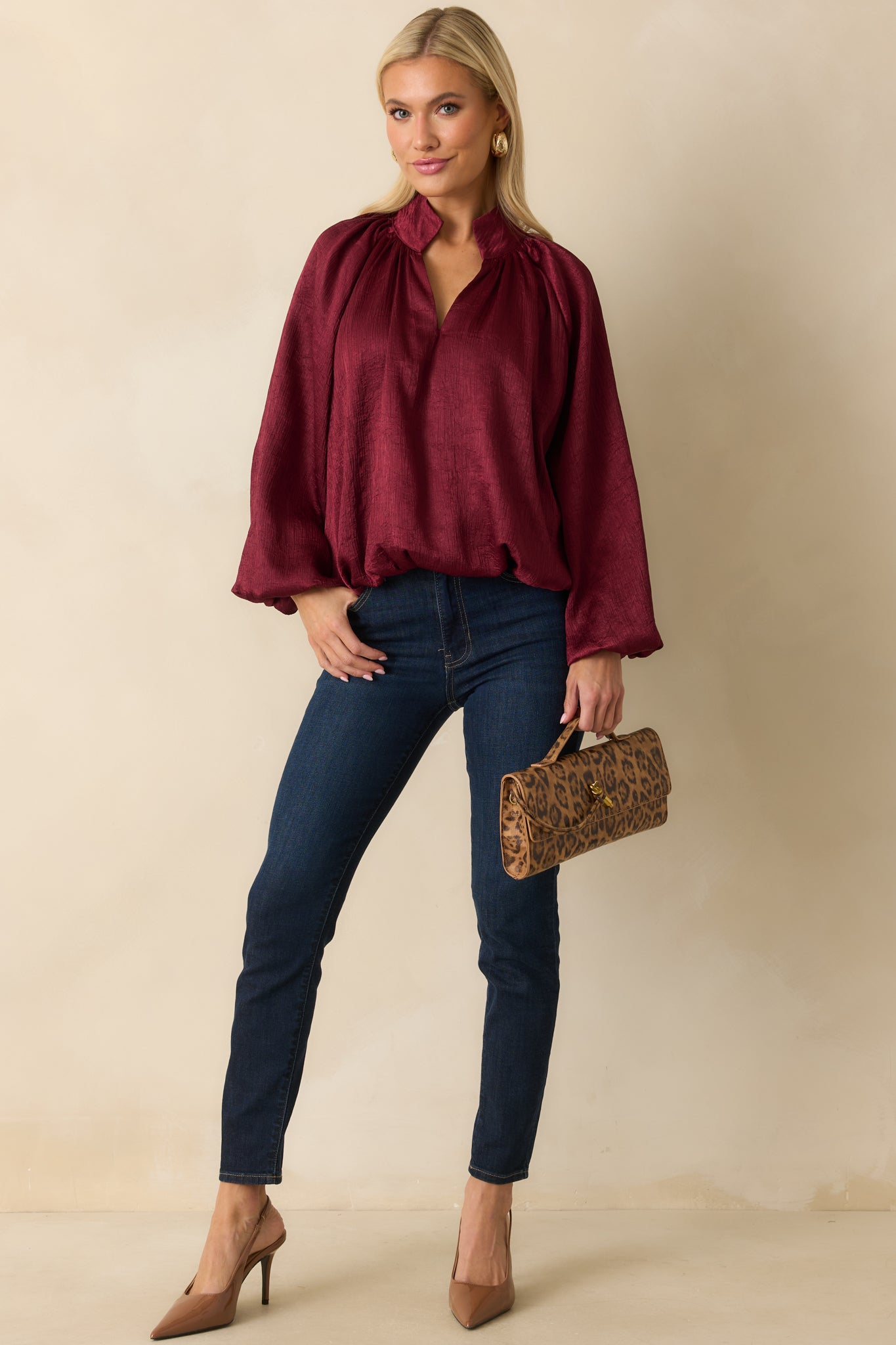 Promise Me This Burgundy Satin V-Neck Peasant Sleeve Top