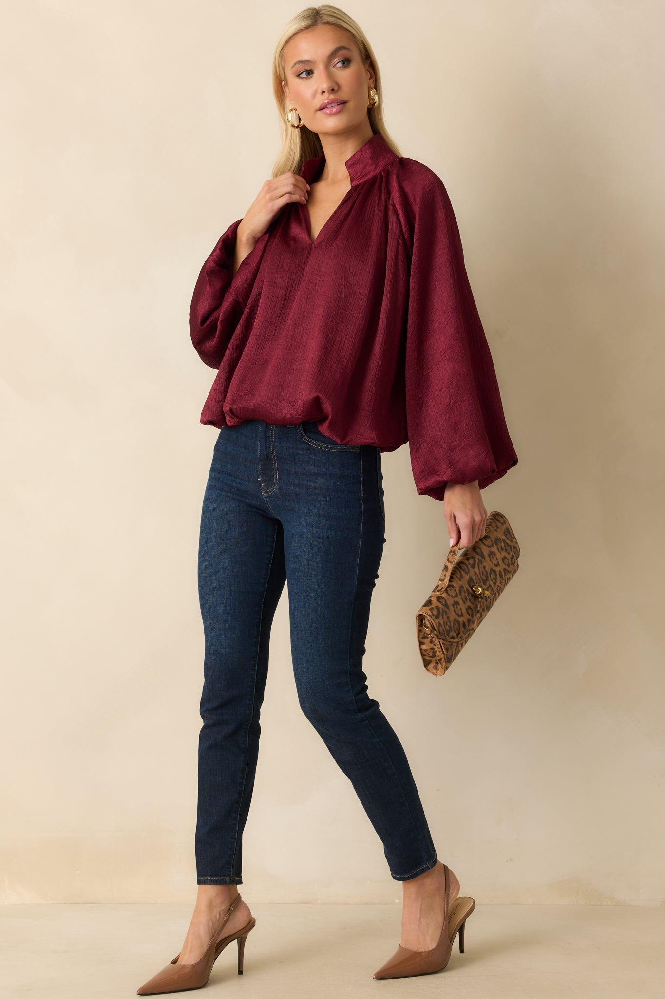 Promise Me This Burgundy Satin V-Neck Peasant Sleeve Top