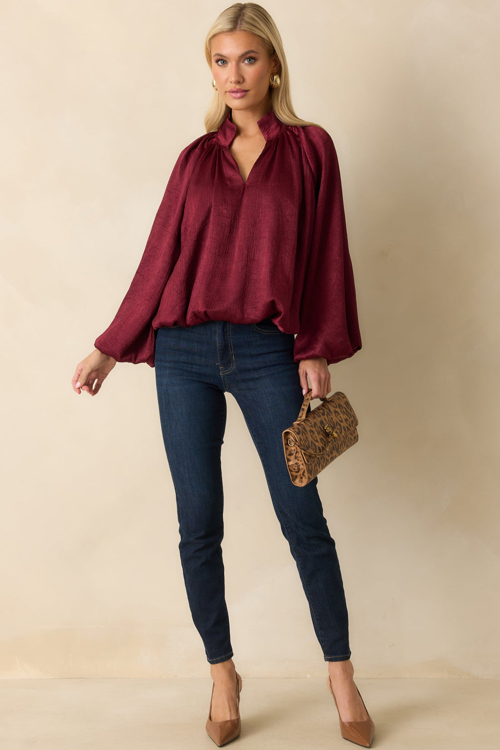 Promise Me This Burgundy Satin V-Neck Peasant Sleeve Top