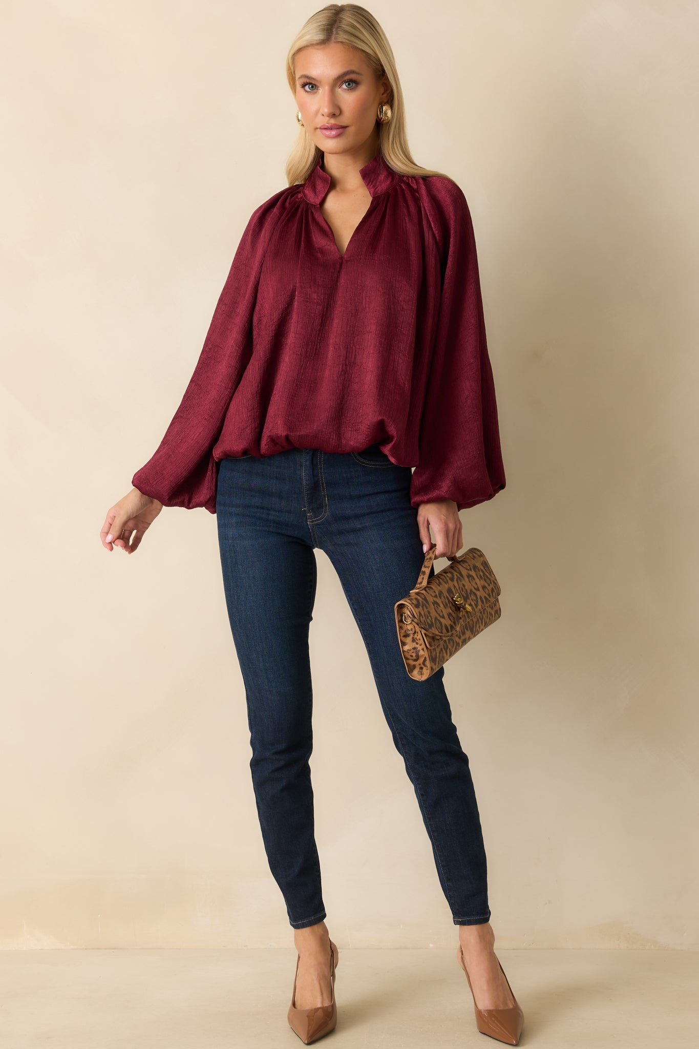 Promise Me This Burgundy Satin V-Neck Peasant Sleeve Top