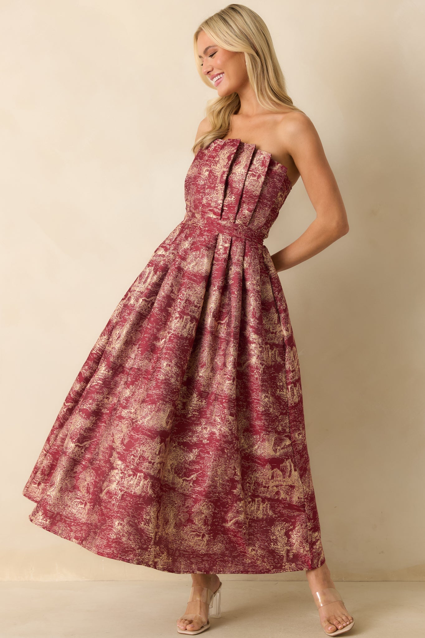 The Genevieve Burgundy Storybook Toile Jacquard Strapless Midi Dress