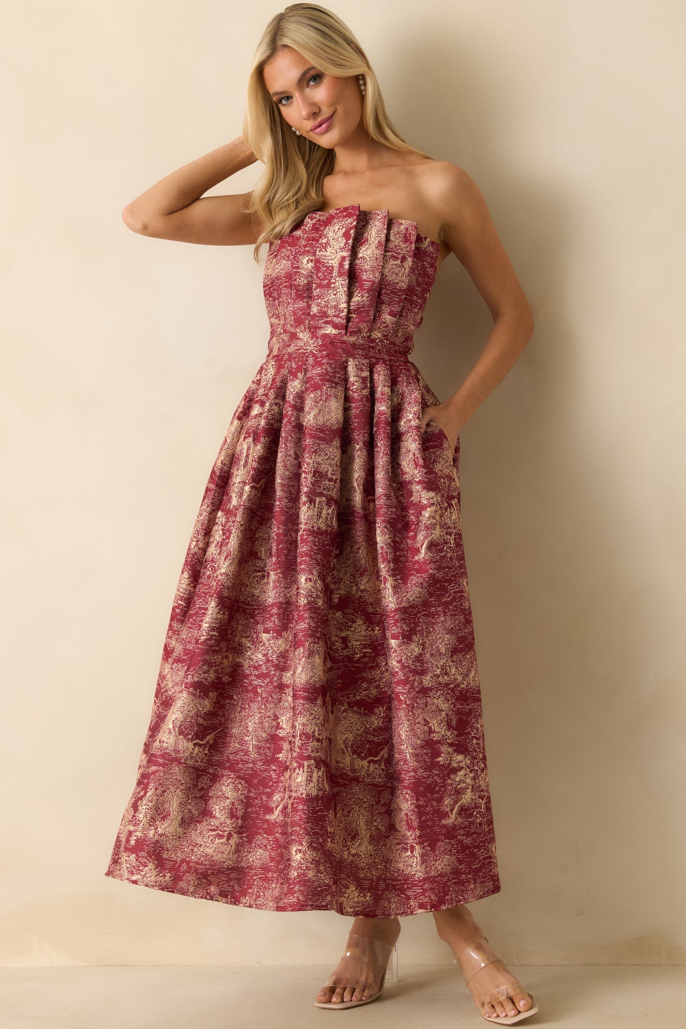 The Genevieve Burgundy Storybook Toile Jacquard Strapless Midi Dress