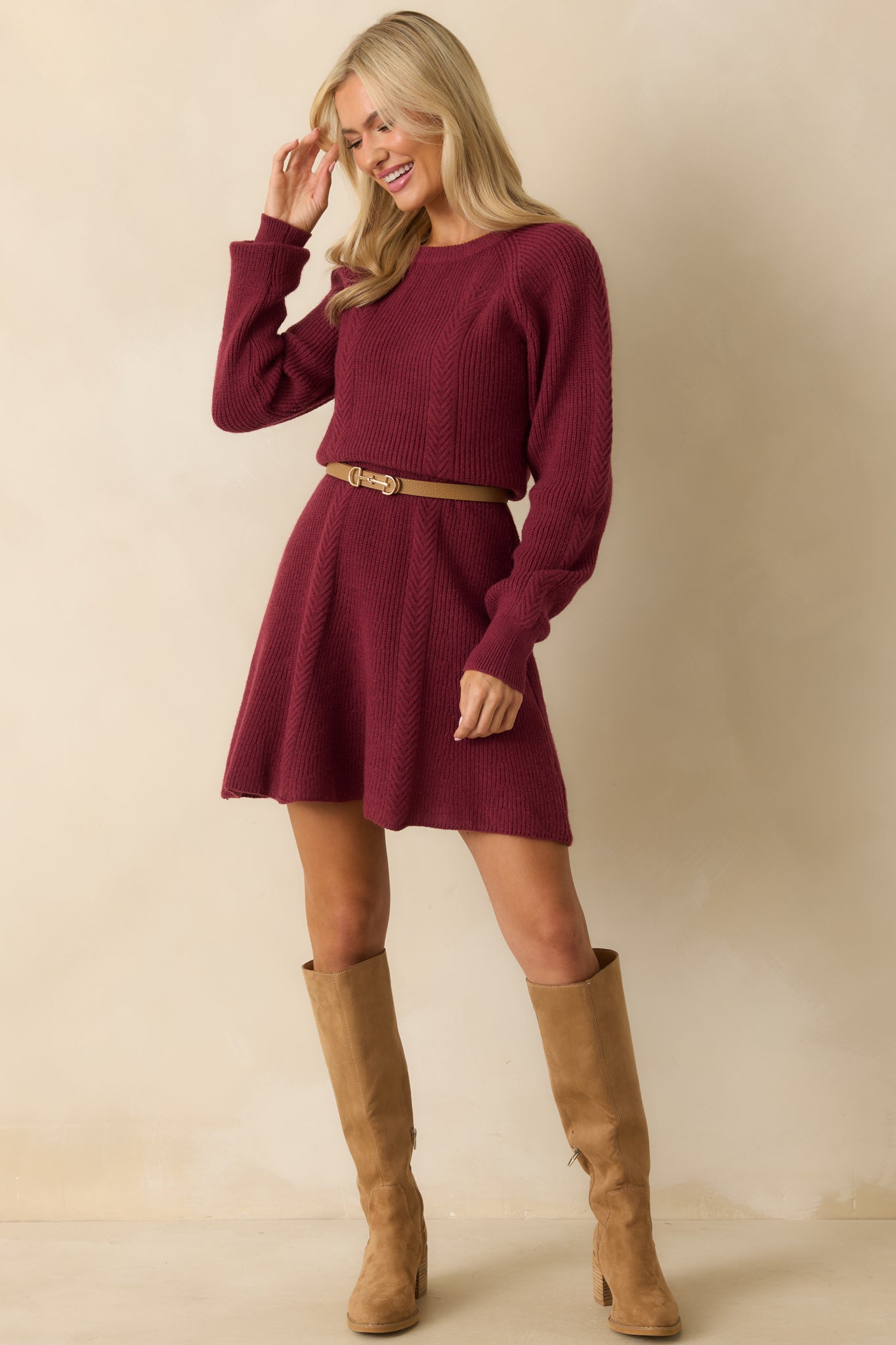 No Better Time Burgundy Ribbed Knit Sweater Mini Dress