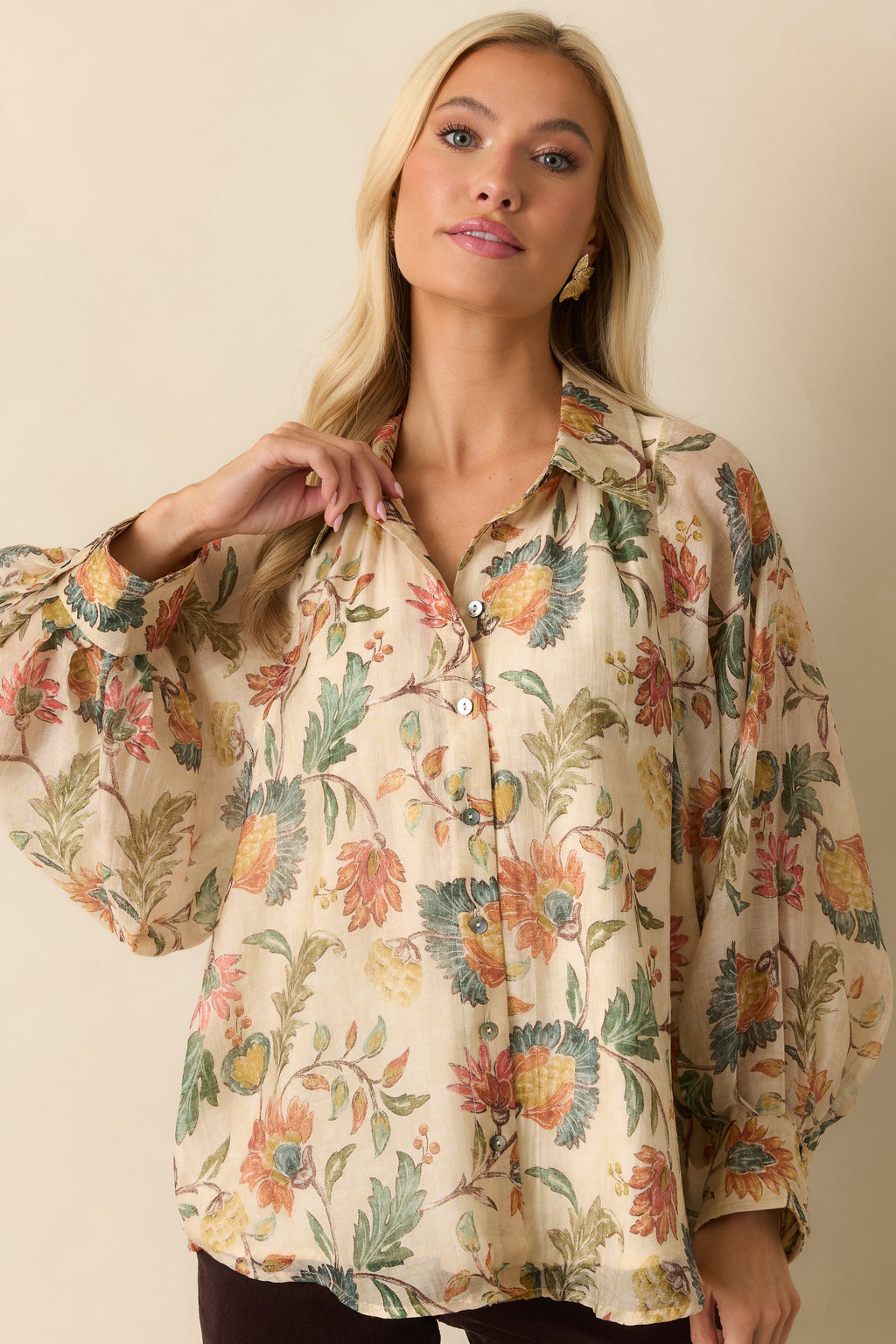 Pressed Petals Ivory Multi Floral Print Peasant Sleeve Blouse