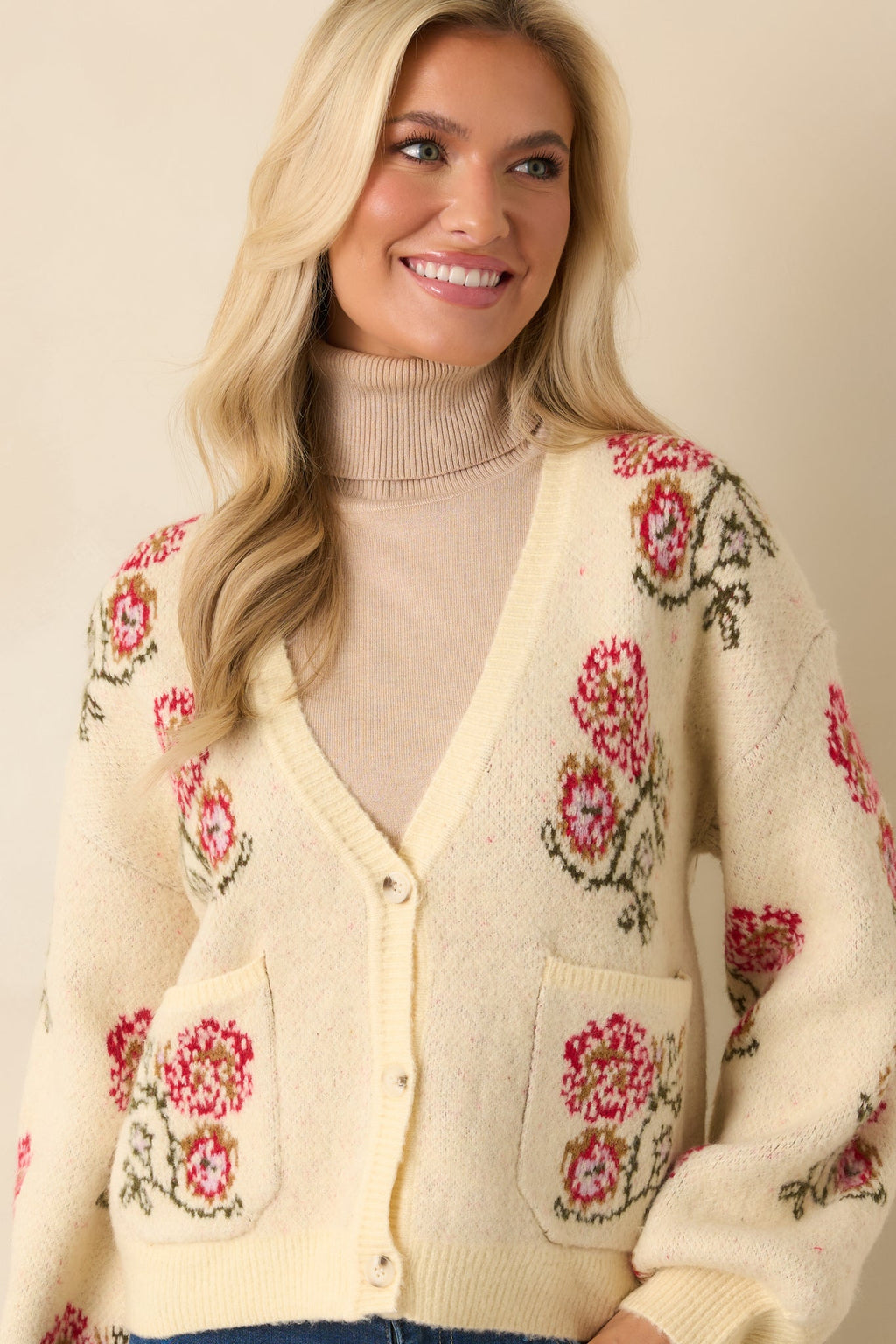 Garden Wishes Ivory Multi Knit Floral Button Up Cardigan Sweater