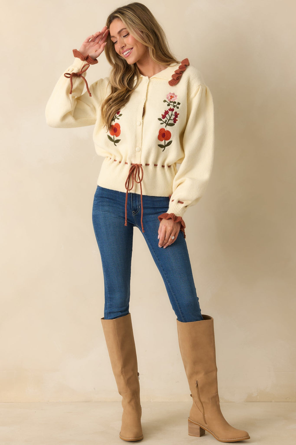 Harvest Bloom Ivory Floral Embroidered Button Up Cardigan Sweater