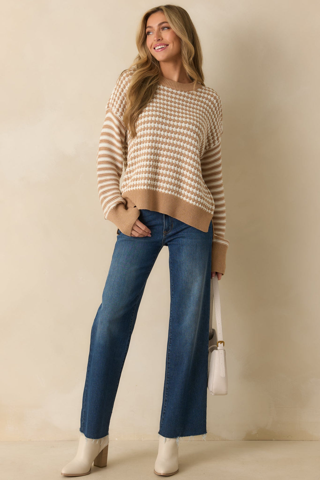 Ready Or Not Camel Brown Geometric Knit Long Sleeve Sweater