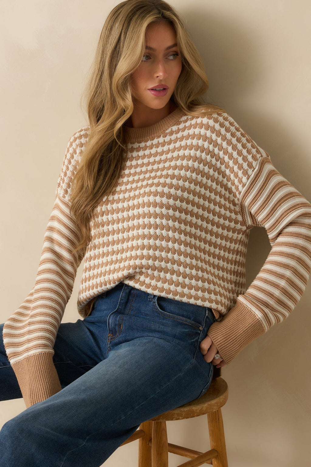 Ready Or Not Camel Brown Geometric Knit Long Sleeve Sweater
