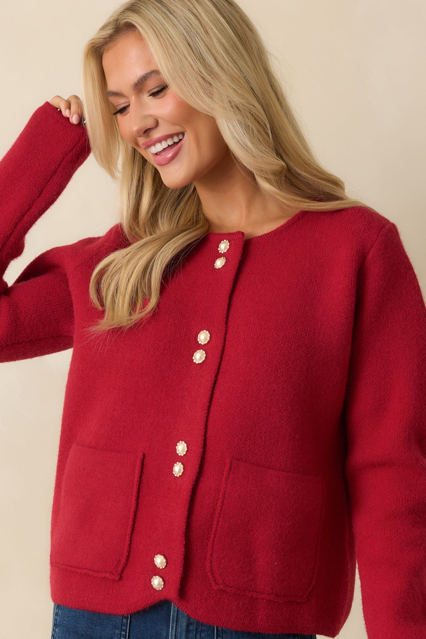 A Certain Something Red Knit Pearl Accent Button Up Cardigan