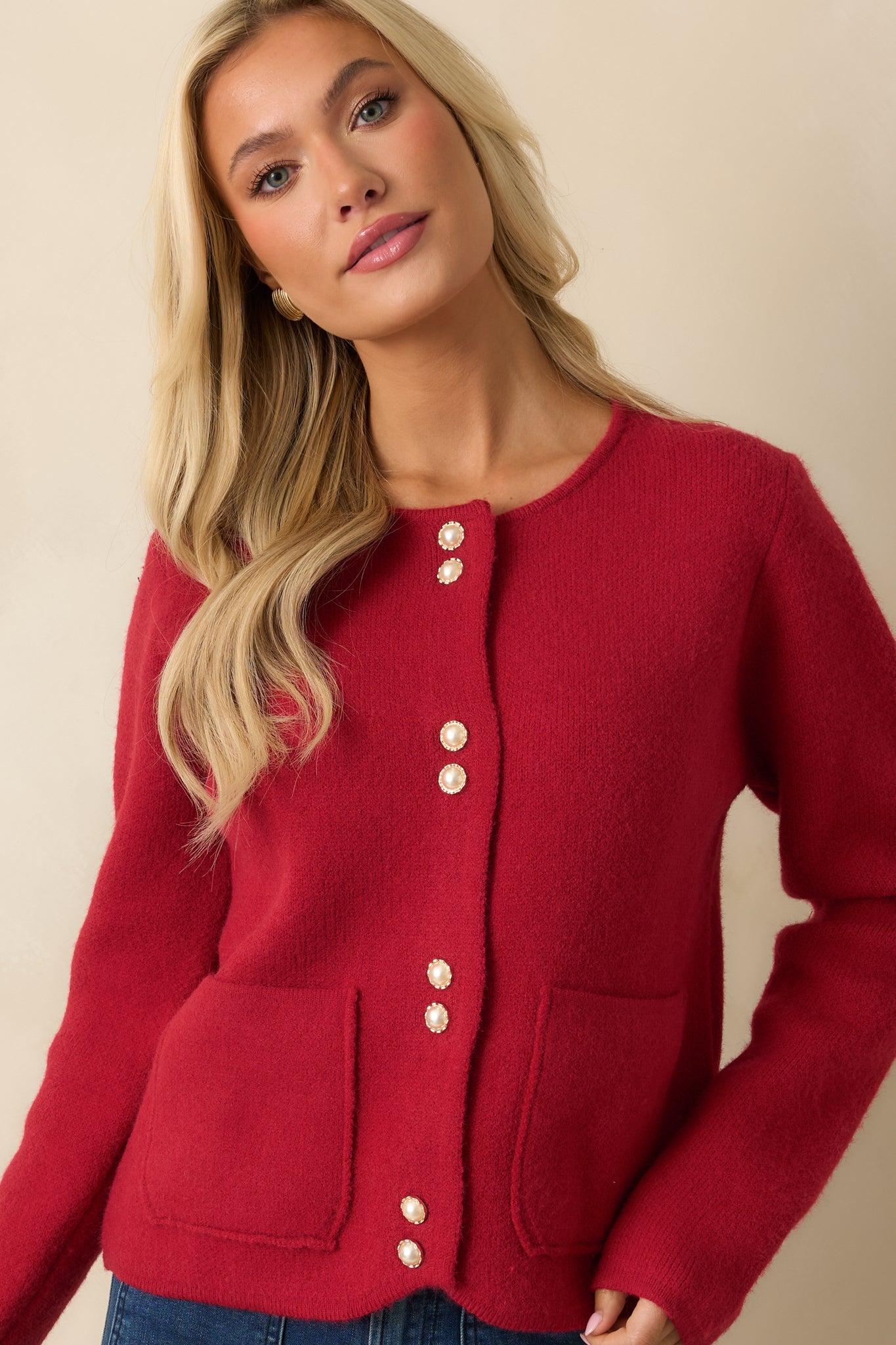 A Certain Something Red Knit Pearl Accent Button Up Cardigan