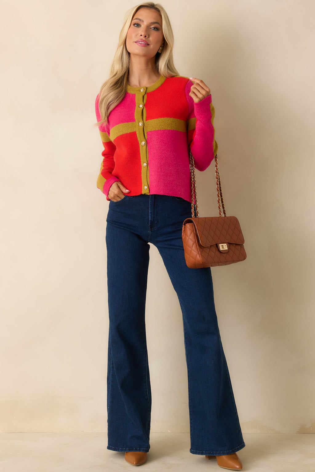 All About Now Pink and Red Knit Color Block Cardigan