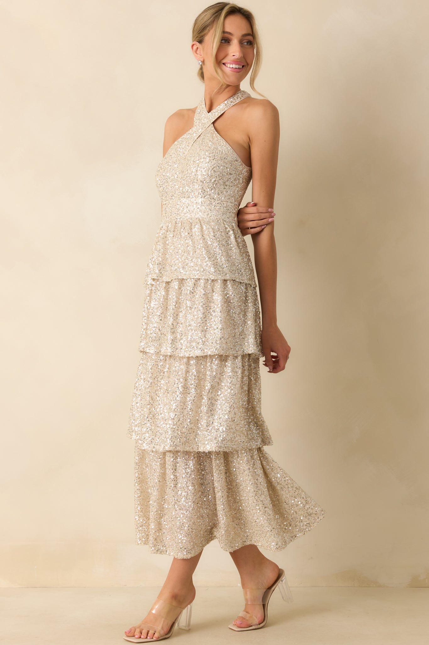 Always On Point Champagne Sequin Halter Maxi Dress