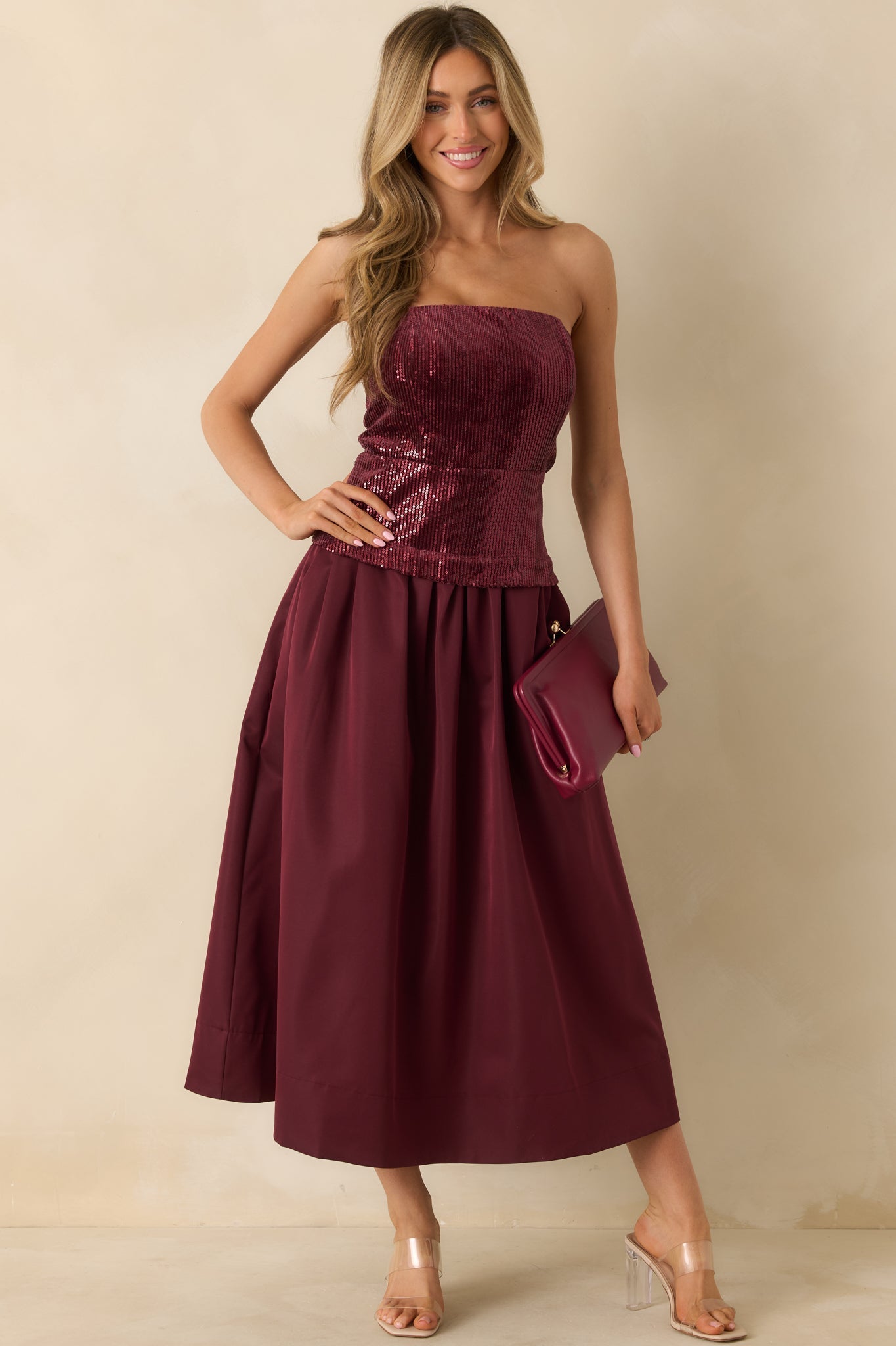 Sips & Sparkles Wine Red Sequin Strapless Midi Dress