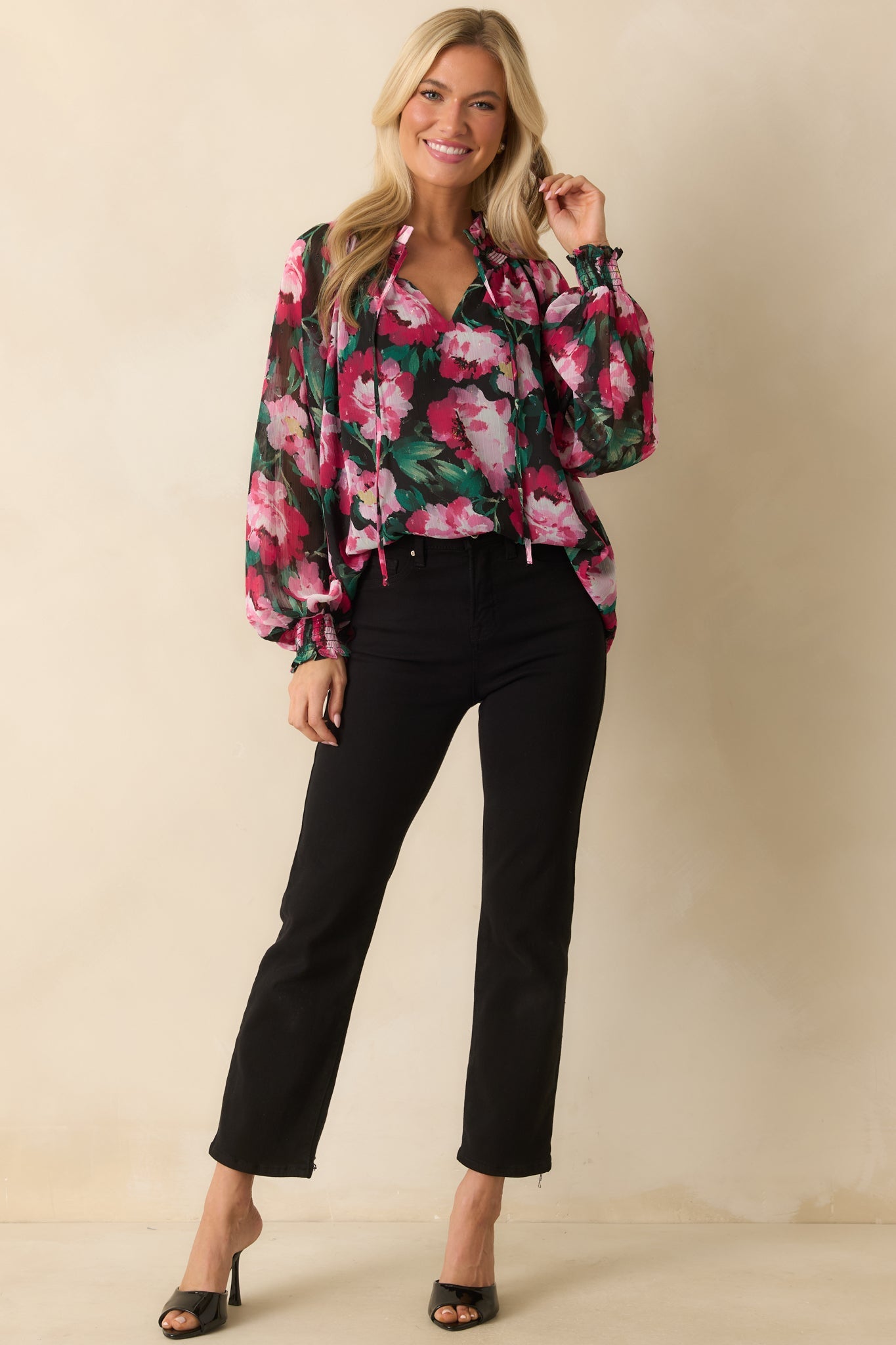Take It All In Pink Multi Floral Print Chiffon Peasant Top