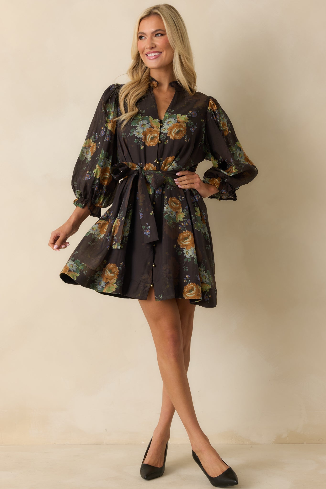 Rustic Romance Dark Brown Multi Floral Print Belted Mini Dress