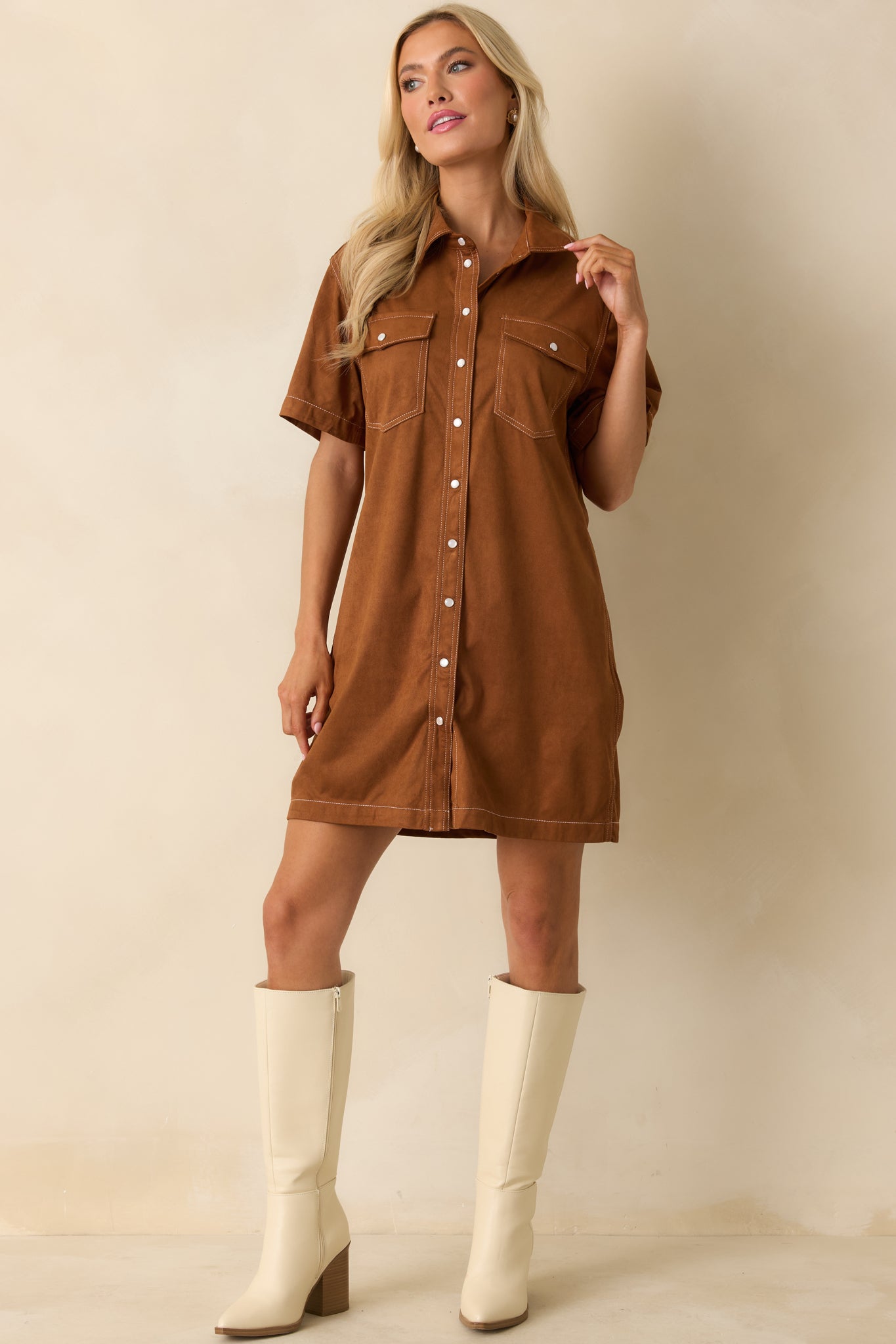 Many Possibilities Cinnamon Brown Button Up Mini Dress