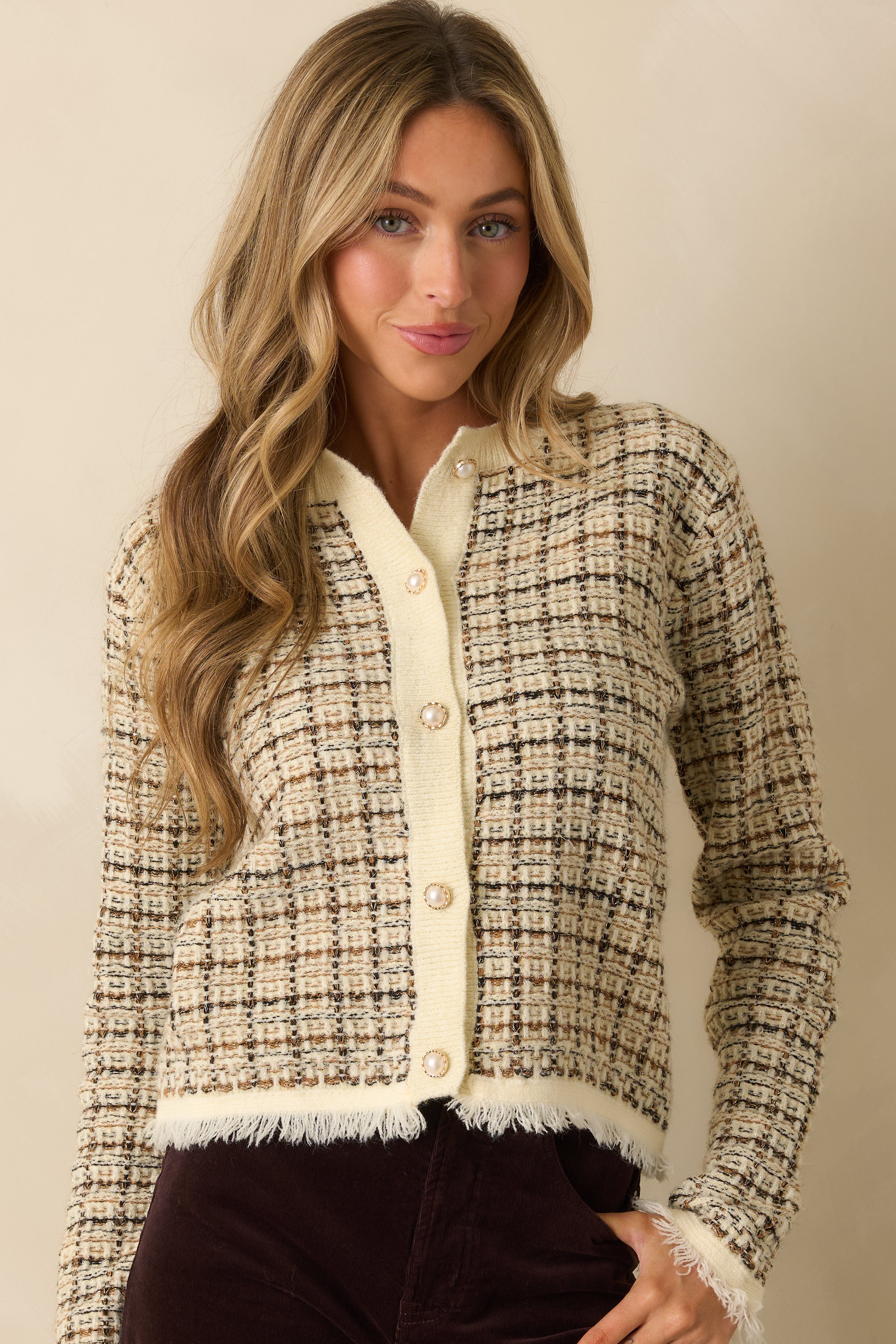 A Thoughtful Touch Ivory Plaid Pattern Knit Cardigan