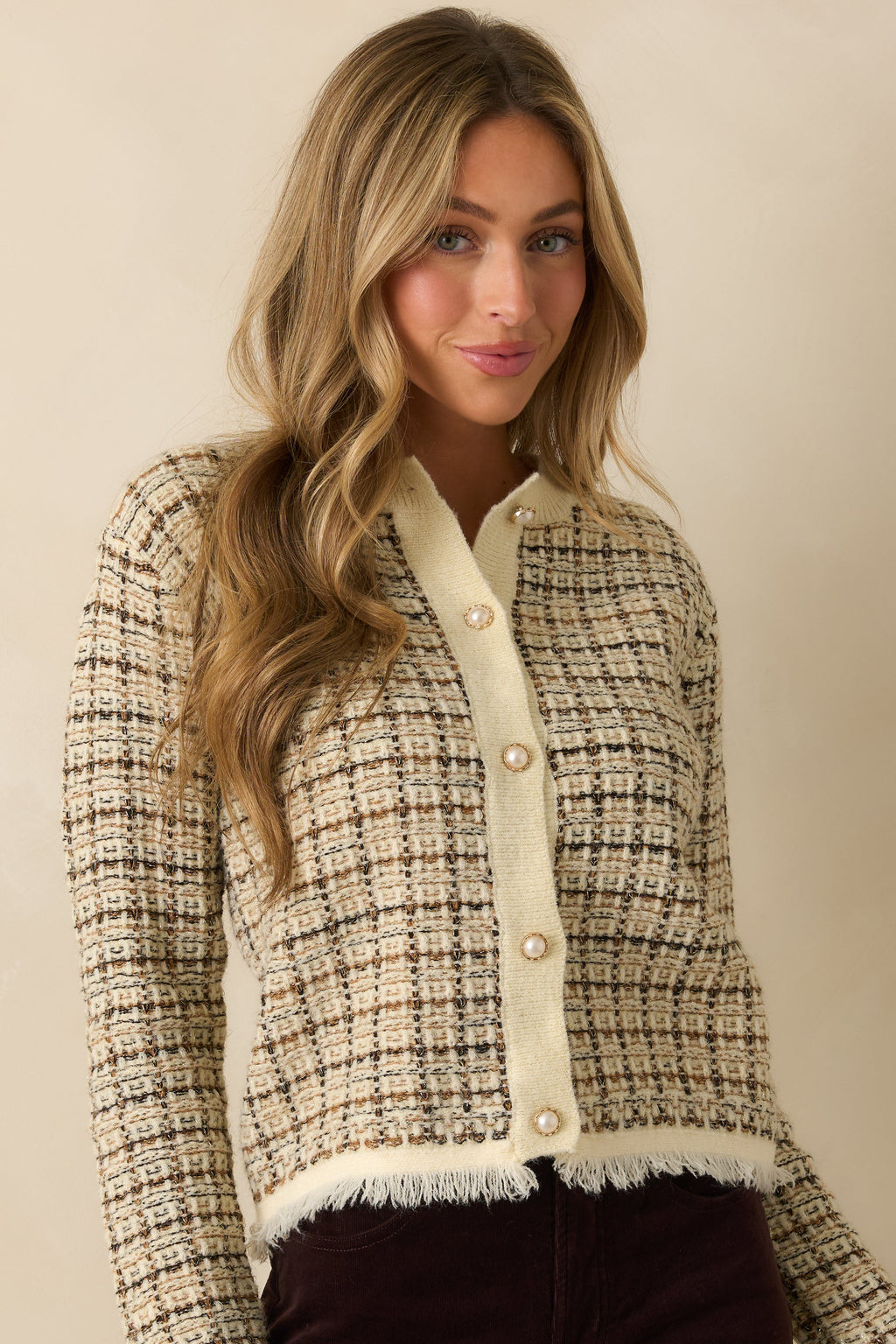 A Thoughtful Touch Ivory Plaid Pattern Knit Cardigan