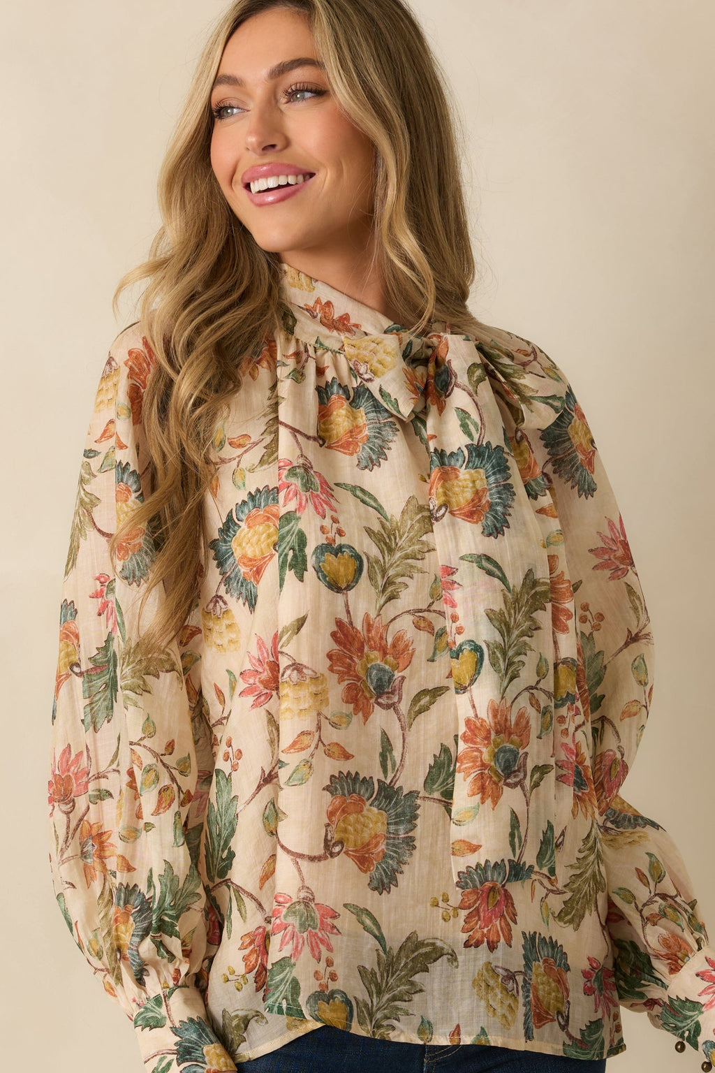 Fields of Grace Beige Multi Floral Print Cotton Bow Blouse