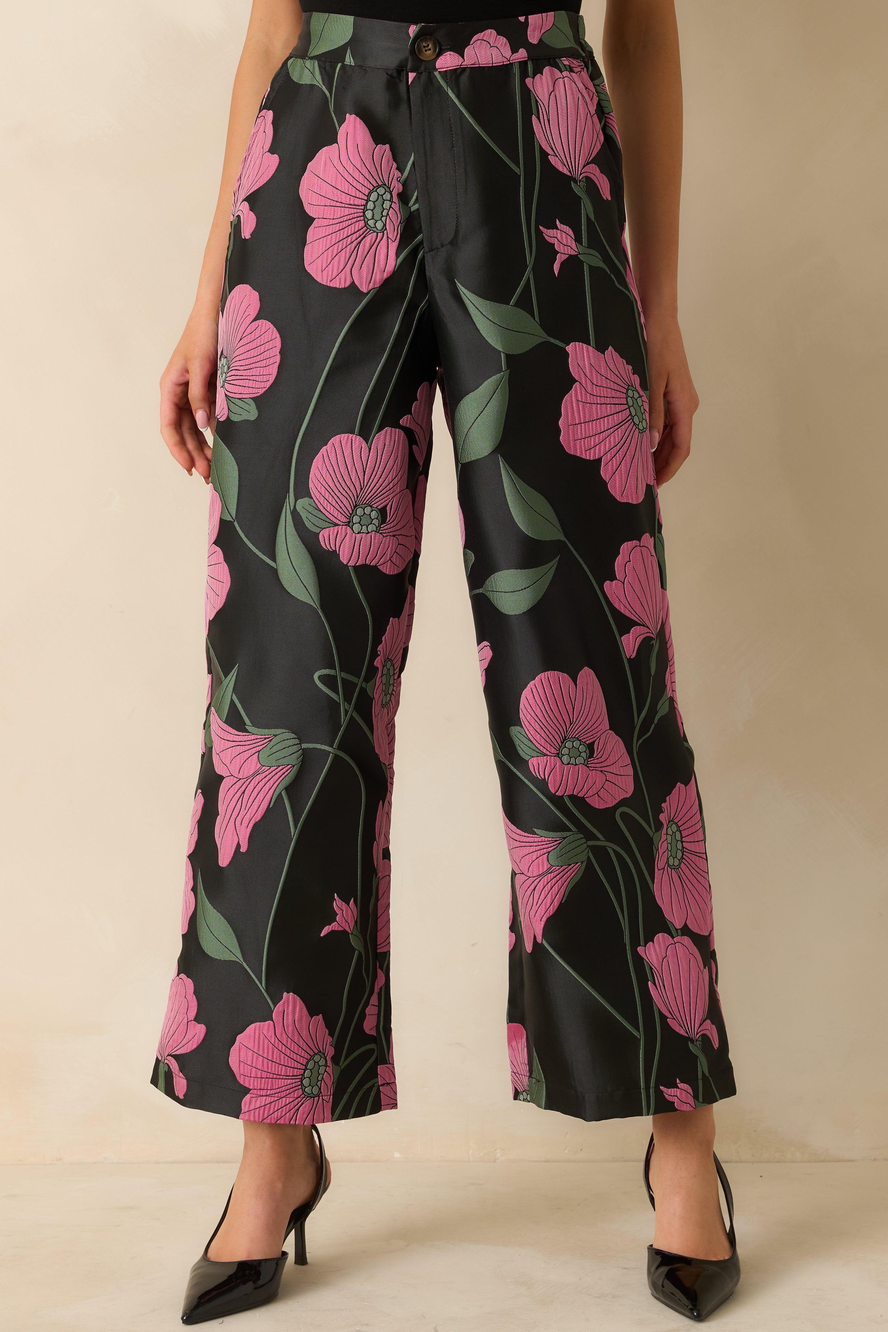 Garden Reverie Black Multi Floral Jacquard Wide Leg Pants