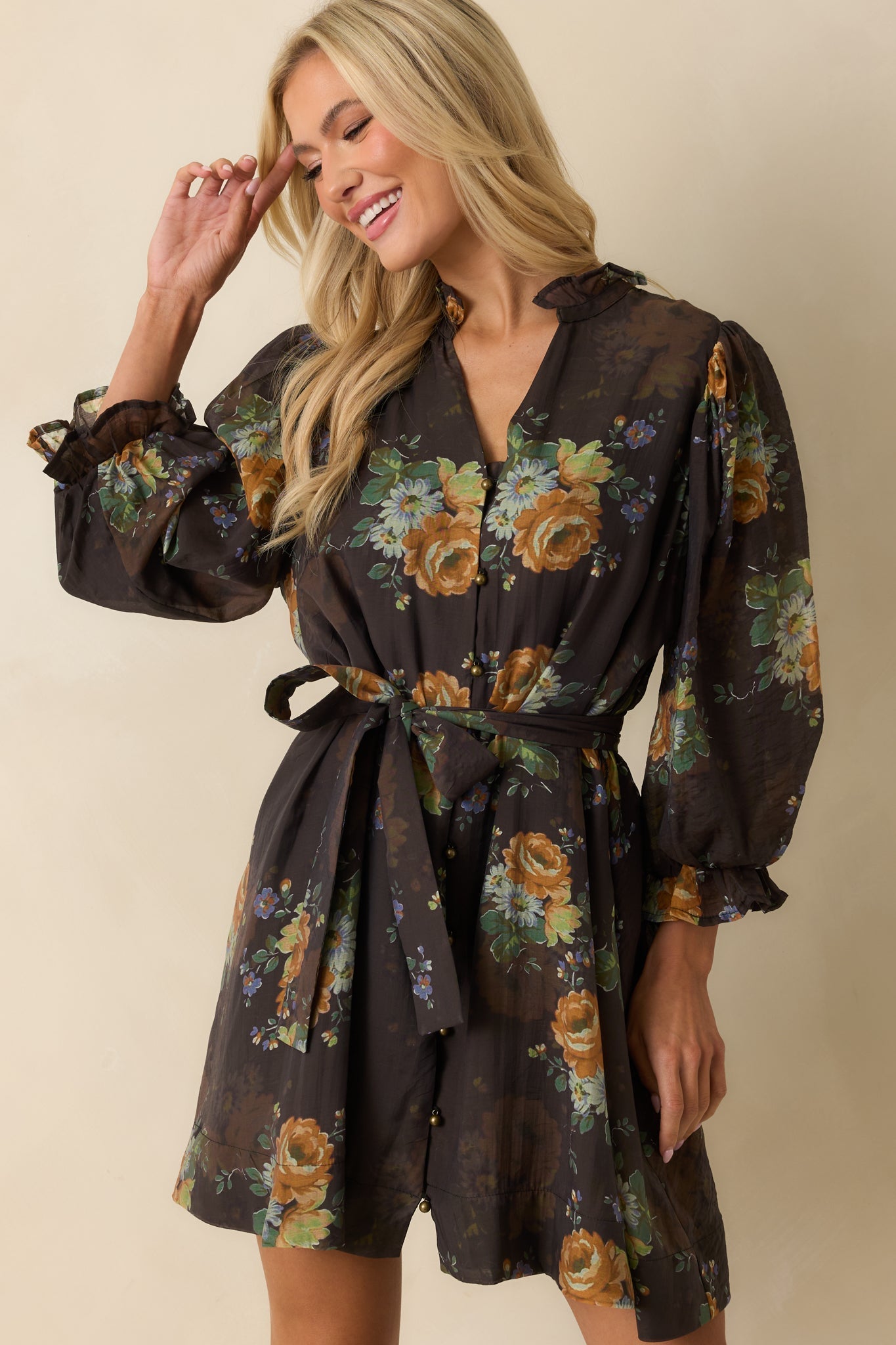 Rustic Romance Dark Brown Multi Floral Print Belted Mini Dress