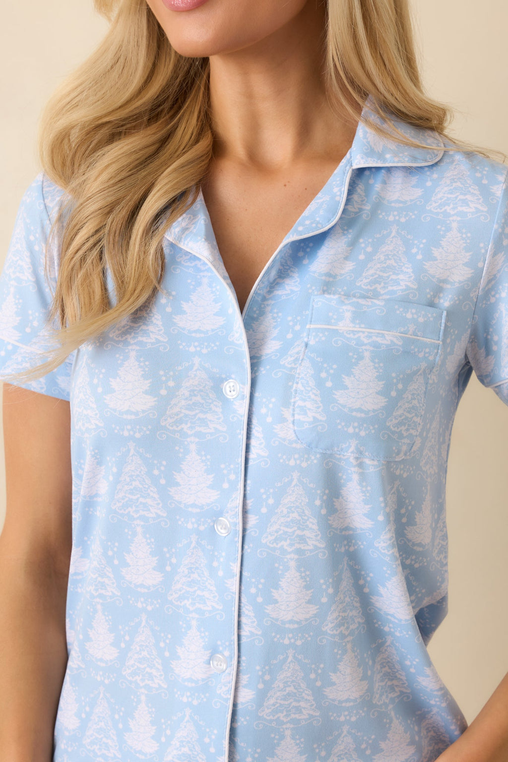 Blue Christmas Ice Blue Christmas Tree Short Sleeve Button Up Pajama Top