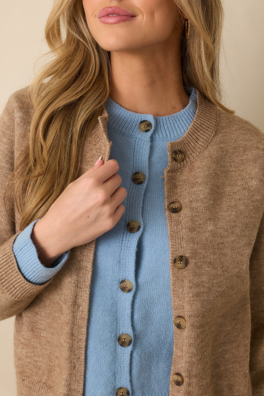 Let It All Unfold Light Mocha Faux Layered Button Front Knit Cardigan