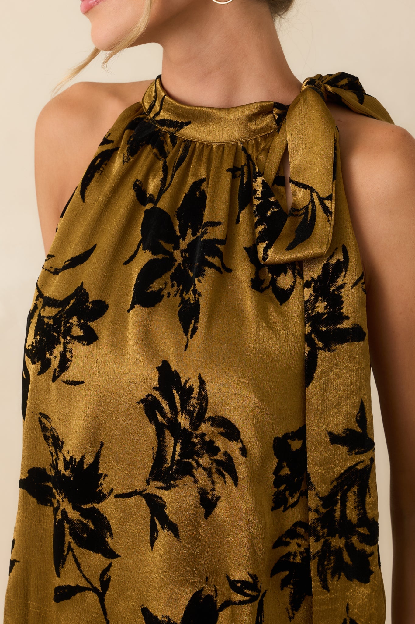 All That Glimmers Dark Gold Floral Satin Mini Dress