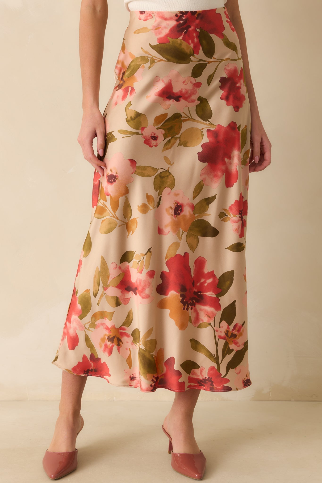 Nothing More To Say Tan Multi Floral Print Satin Maxi Skirt