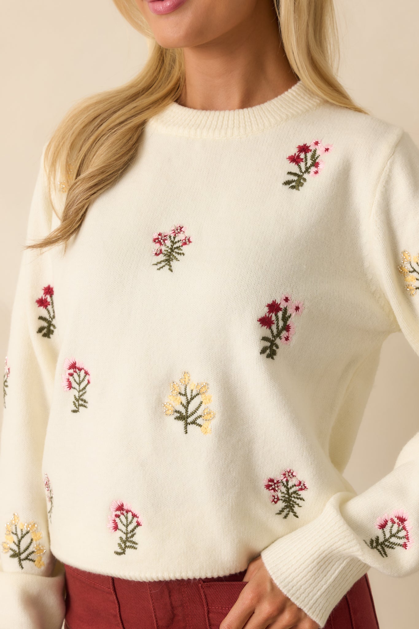 Stay True To Yourself Ivory Multi Floral Embroidered Knit Sweater
