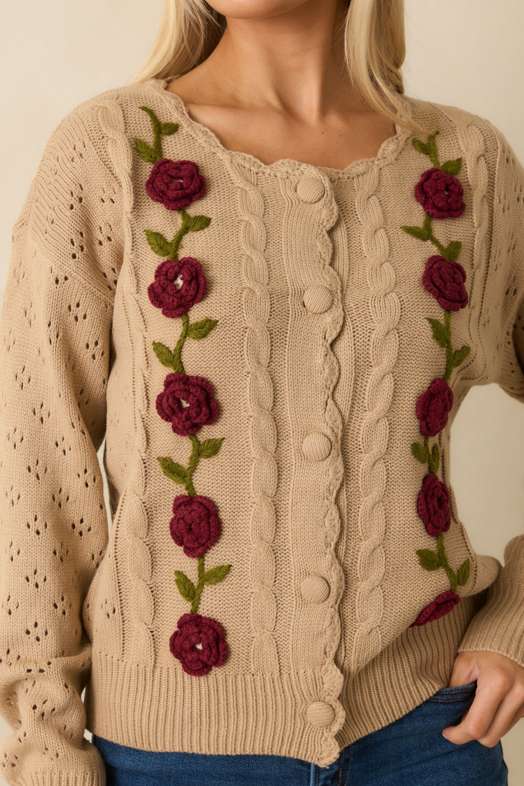 Garden Variety Taupe Floral Knit Button-Up Cardigan