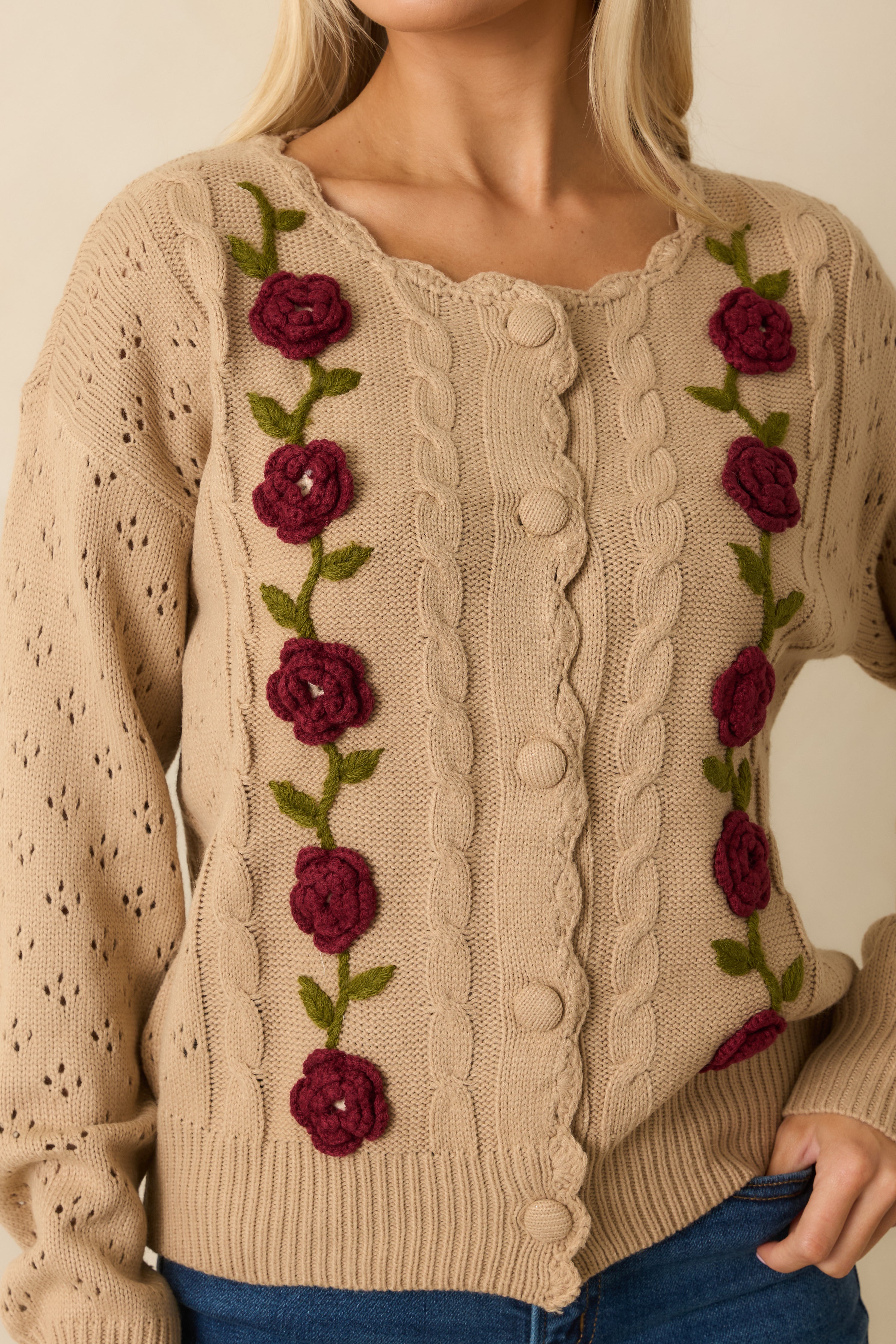 Garden Variety Taupe Floral Knit Button-Up Cardigan