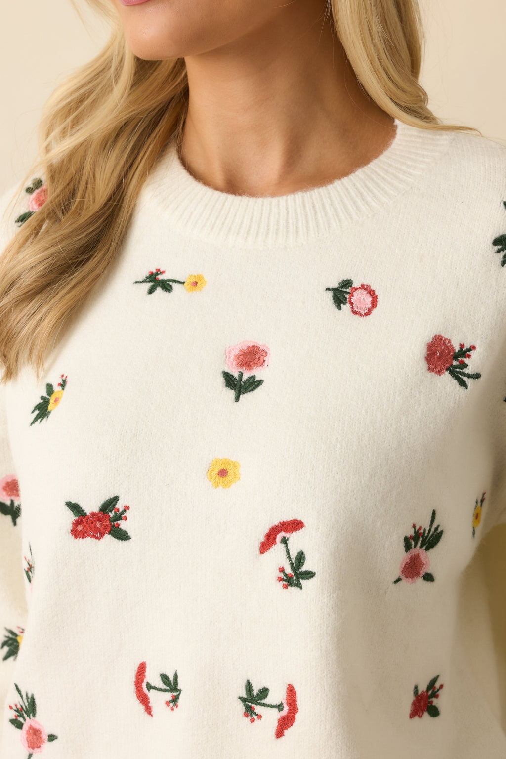 Naturally Yours White Multi Floral Embroidered Knit Sweater